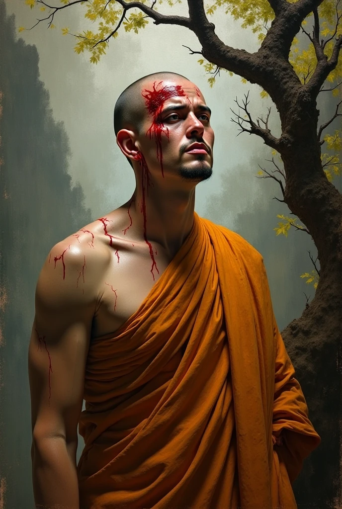 (portrait), A young, latino, handsome, calmed monk, with tattoos of hands and eyes all over his body, shaved head , a beautiful jade gem in his forehead, wearing an orange and green gown and is holding a staff