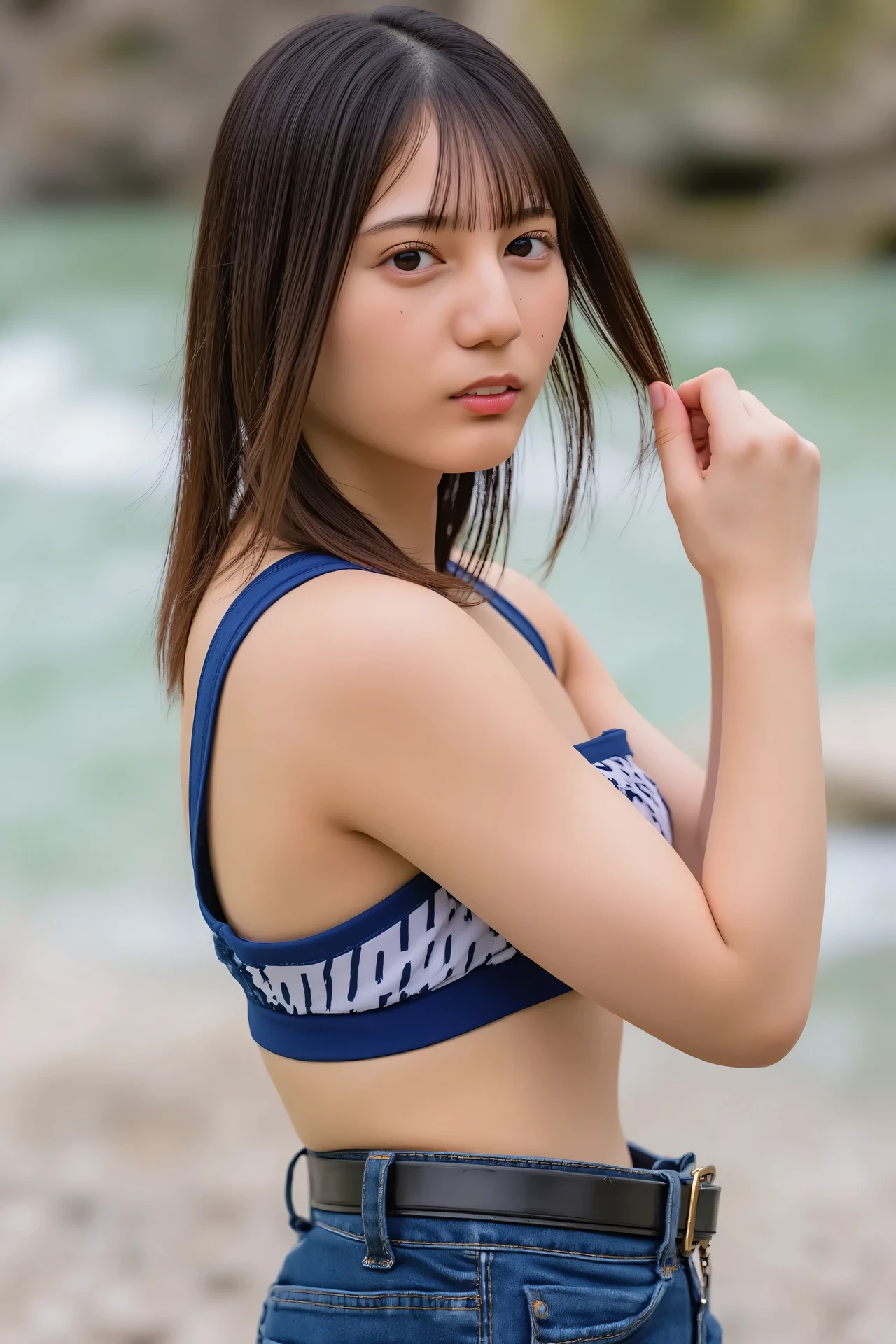 ((( High Resolution , top quality, very well detailed, masterpiece , highly detailed photos , realistic , Real people , Ultra precise skin ))) , , ( from the front ) , full body , Advance Shot , Viewer , ( giggle face ) , { wearing the sports bra and short-denim : 1.8 } , black hair , medium hair , medium breasts , { lying on one’s back, from side : 1.8 } , the dark hours of dawn , (( tuck hair behind the ear : 1.8)) , { nsfw },