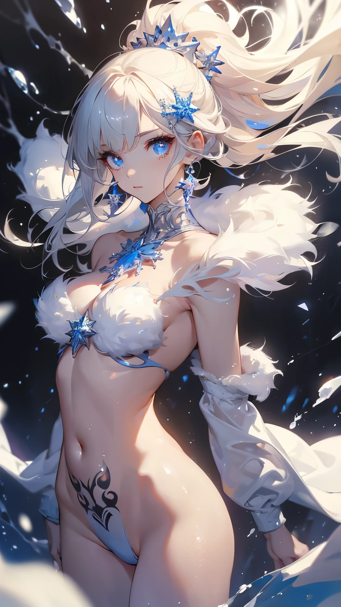 female in the ice crystal, the body, sun light, shaved open pubis, haircut white hairs, a lot of snowflakes, in the snow ice crystalls, super detailed, anatomically correct, masterpiece composition, , face perfect cute woman sweet beautifull, wearing white fur cloak, thick white vapor fog smoke clouds wind, white skin, bright pink blush,  front view, fullbody, snowflakes crown, wearing crystal white latex transparent