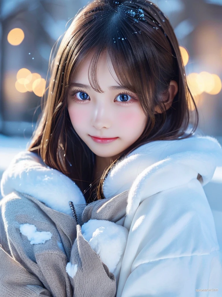 **Prompt:** Create an ultra-realistic 8K resolution image of Yuki-onna, the mythical figure from Japanese folklore, reimagined as the ultimate moe (adorably cute) character while retaining her iconic features. Yuki-onna’s signature pale, almost translucent skin glows softly, enhancing her innocent and enchanting appearance. Her long, jet-black hair is styled in playful, soft waves with cute bangs framing her delicate face, and adorned with small, sparkling snowflake hairpins that add a whimsical touch.

She is dressed in a cozy, pastel-colored outfit that blends modern moe fashion with subtle wintery elements. A fluffy white sweater with delicate snowflake patterns and a short, pleated skirt in icy blue make her look irresistibly cute and huggable. Her large, expressive icy blue eyes are wide and filled with warmth and curiosity, drawing the viewer in with their sparkle and charm.

Her lips, a soft shade of pink, are curved into a sweet, inviting smile that exudes warmth and affection. Her pose is slightly shy, with her hands gently clasped together near her heart, giving her an endearing, approachable demeanor.

The background is softly blurred, featuring a dreamy winter landscape with gentle snowfall, further emphasizing her connection to the cold season. The overall scene captures the perfect blend of Yuki-onna’s mystical origins with the heart-melting charm of a moe character, creating a visually captivating and enchanting portrayal that is sure to delight.