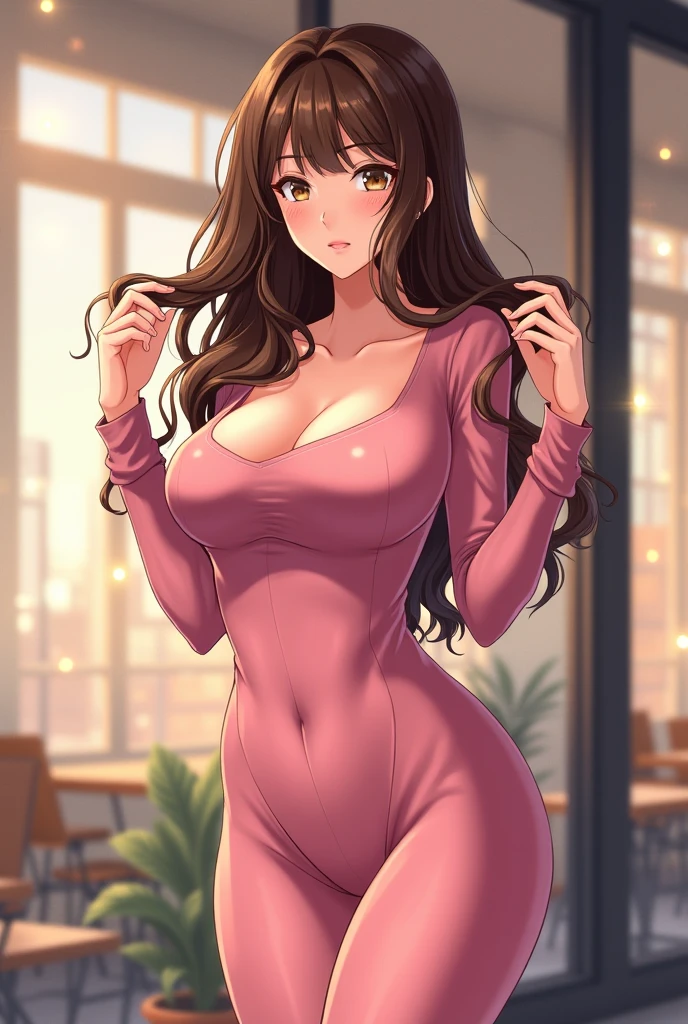 masterpiece, Highest quality, Very detailed, ,Fine details, Anime Style, One Girl, 22 years old, Cute face、bangs, Large Breasts、Big Ass、Tight waist、Buckshot、Long Hair、Beautiful Eyes、Dark brown hair, Shiny Hair, Light brown eyes、cowboy shot, Look at the photographer、 とってもCute face, smile、Sexy pose, Seductive pose, arched back, arched back, Ass Focus、Sticking your butt out to the viewer、A vibrant pink dress paired with a yellow bag and purple sandals for an energetic look. This dress has a simple design, and the key is to incorporate color with accessories, On the terrace of a stylish cafe in the city、Shallow depth of field