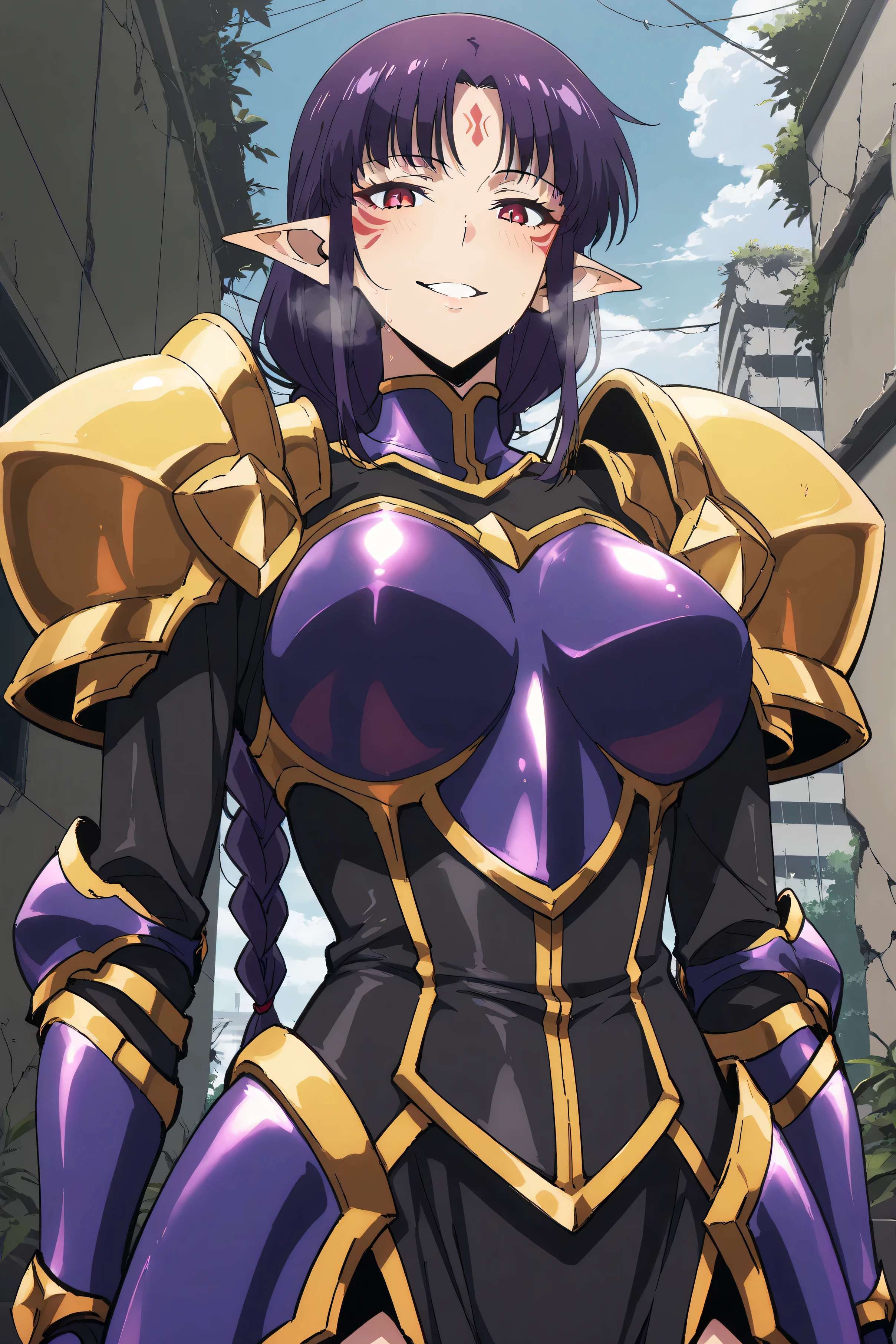 score_9, score_8_up, score_7_up, score_6_up, source_5_up, source_4_up, highly detailed, anime_source, anime_screencap, anime coloring, rating_explicit, masterpiece, best quality, amazing quality, very aesthetic, seamless image fusion, Best Quality, Super fine, 16k, incredible resolution, extremely detailed, Delicate and dynamic, Cool and beautiful woman, (Extremely luxurious and resplendent brilliance), 1girl, solo, single large braids, pointy ears, purple hair, long hair, red eyes, facial mark, bangs, breastplate, gold armor, shoulder armor, armored dress, gauntlets, narrow shoulders, steaming body, ruins, outdoors, looking at viewer, big juicy ass, sexy body, blush, big breast, NSFW, seductive smile, naughty face, horny, heavy breathing, beautiful eyes, beautiful face, perfect eyes, perfect face, model looks, model pose, same round eyes, perfect pupils, same pupils round and large, from front, from below