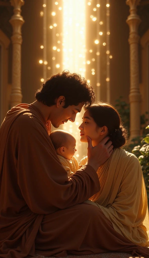 Create a realistic thumbnail for a YouTube video illustrating the biblical passage: 'Ela ficou grávida e, no tempo certo, deu à luz um filho. Pôs nele o nome de Samuel e explicou: — Eu pedi esse filho a Deus, o Senhor.' The image should feature a woman who is visibly pregnant, with a peaceful and serene expression, standing in a beautiful and lush garden. In the background, include a glowing light symbolizing the presence of God. Also, depict the woman holding a newborn baby, with the baby wrapped in a soft, white blanket. The overall scene should be warm, comforting, and filled with divine light.