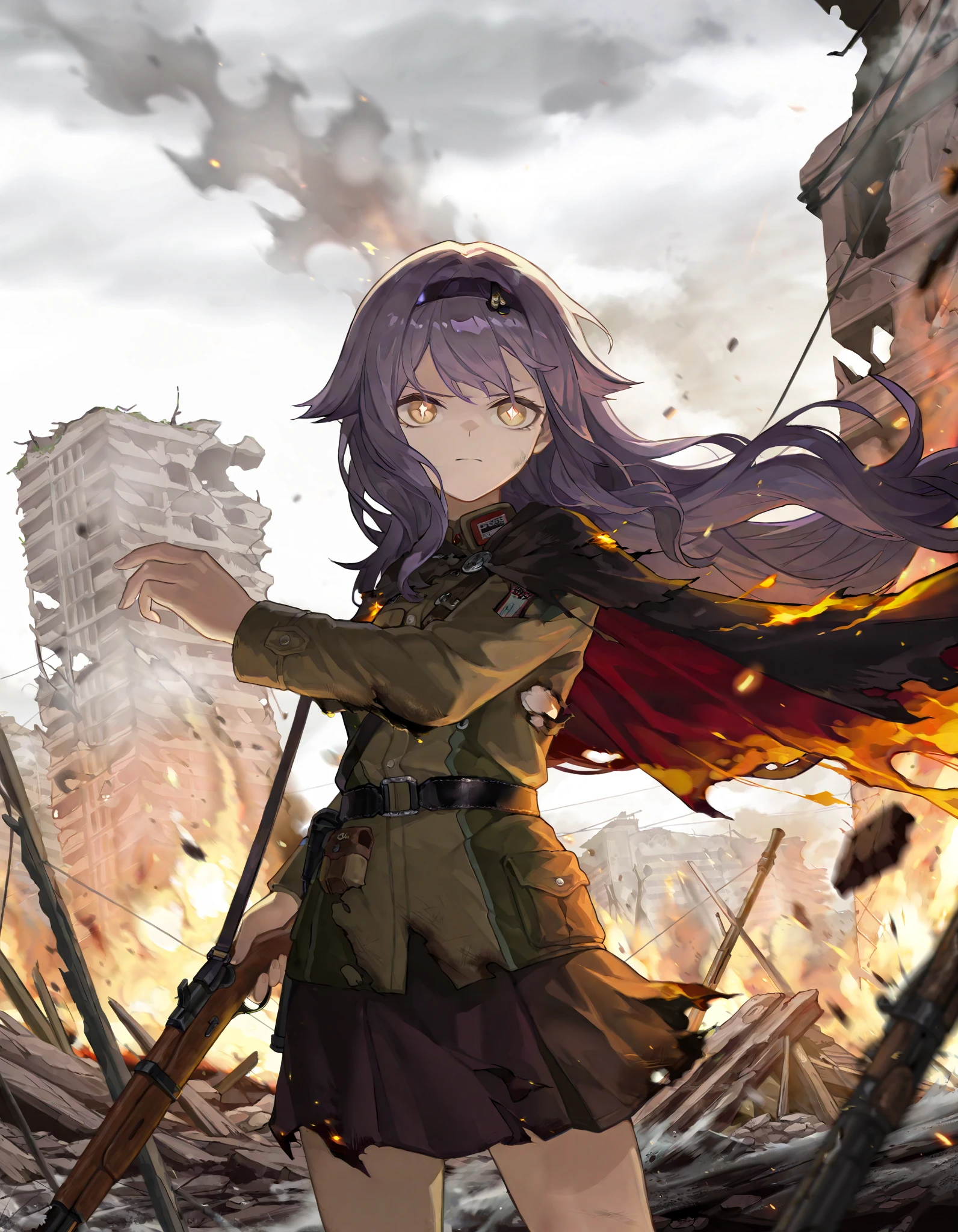 by [arknights|(748cmstyle:0.5)], mature, young adult, masterpiece, best quality, amazing quality, very aesthetic, high resolution, ultra-detailed, absurdres, newest, scenery,
1girl, woman, solo, alone, single character,(action shot, dynamic shot, dynamic pose, upper body focus, cowboy shot:1.1) Sirin, long hair, purple hair, yellow eyes, x-shaped pupils, diamond-shaped pupils, broken world war 1 German uniform, (tattered uniform, broken cape, tattered cape, burning cape, broken uniform:1.4), aiming a bolt action rifle, bolt action rifle, serious, war torn village ruins, red skies, dark skies,
BREAK, depth of field, volumetric lighting
 