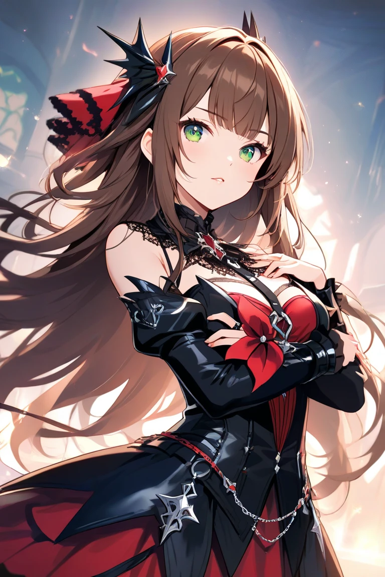 (((Perfect eyes))), ((Perfect limbs))), ((Perfect feature))),Realistic masterpiece of a demon girl with long brown hair , a corset, horns, black wings, cat eyes, and perfect green eyes in a dark environment.