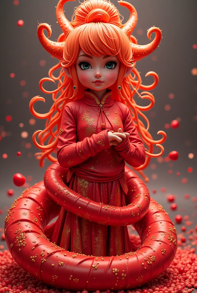 a very pretty face, red eyes, wear intricate sculpture body with swirly pattern, collar-spike, background, red and white polka dot, drippy swirly sculpture, 