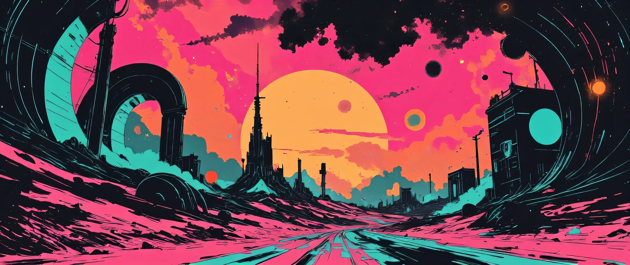 An abstract background inspired by Travis Scott's style, featuring vibrant neon colors and futuristic elements. The design should evoke a sense of energy and movement, with swirling dynamic patterns and cosmic, urban touches. The atmosphere should be surreal, with a blend of bright and dark tones, creating a stylish and immersive vibe