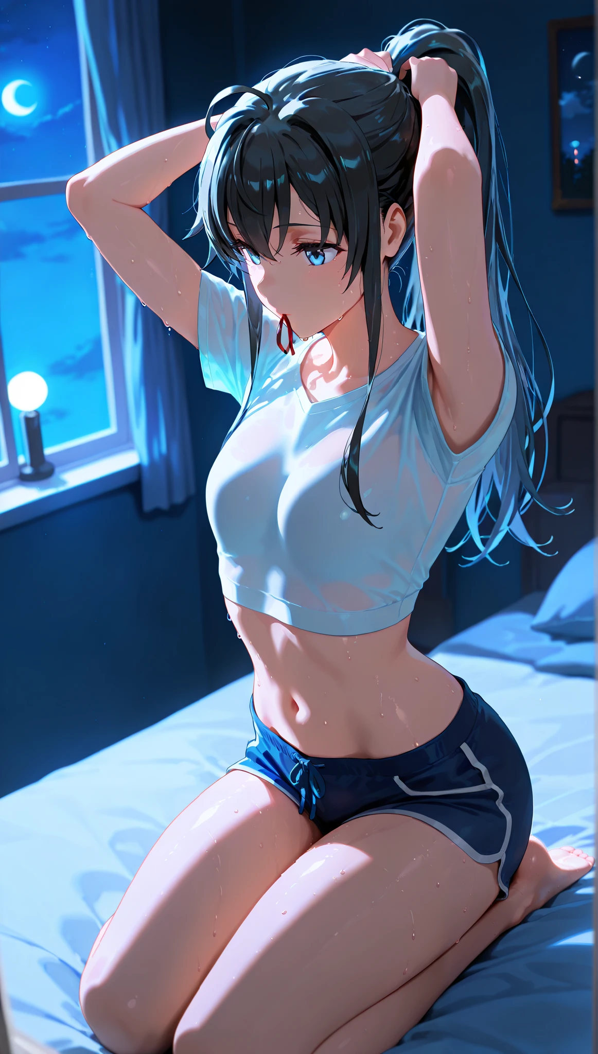 Highest quality,Highest Resolution,4K quality,Bedroom with a view out of a large window(thunderstorm)A smiling woman in underwear looking at the camera,Black hair ponytail,Dark room,