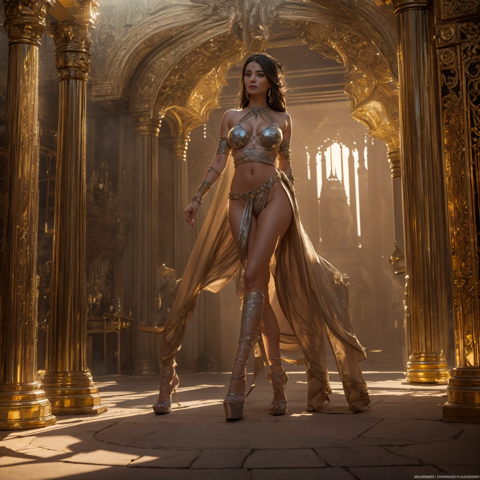 Nude Goddess Diana，nude body, perfect breasts, thin waist, round hips, Epic composition, golden Lights, photo, photography, extreme details, highly detailed, 8k, intricate, elegant, fantasy, cinematic lighting, whimsical, fantasy, photographic, realism pushed to extreme, fine texture, photo realistic, Fuji film XT3, Ultra Realistic, High quality, Highly detailed, trending on art station, intricate detailed background. 
