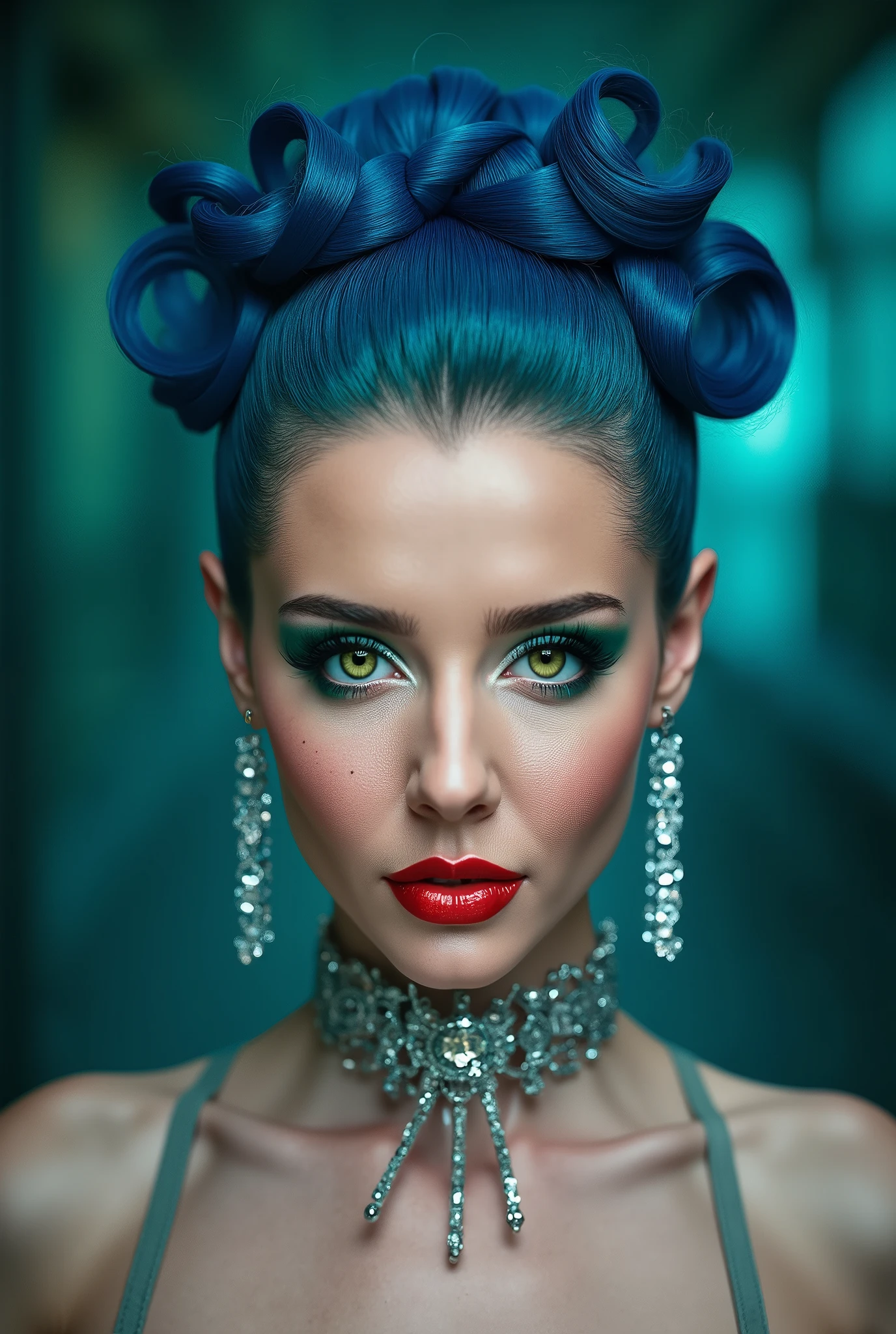 incredibly long and voluminous eyelash extensions, bright green makeup , blue hair, diamond earrings , collar, red lips, bow-shaped hair ,