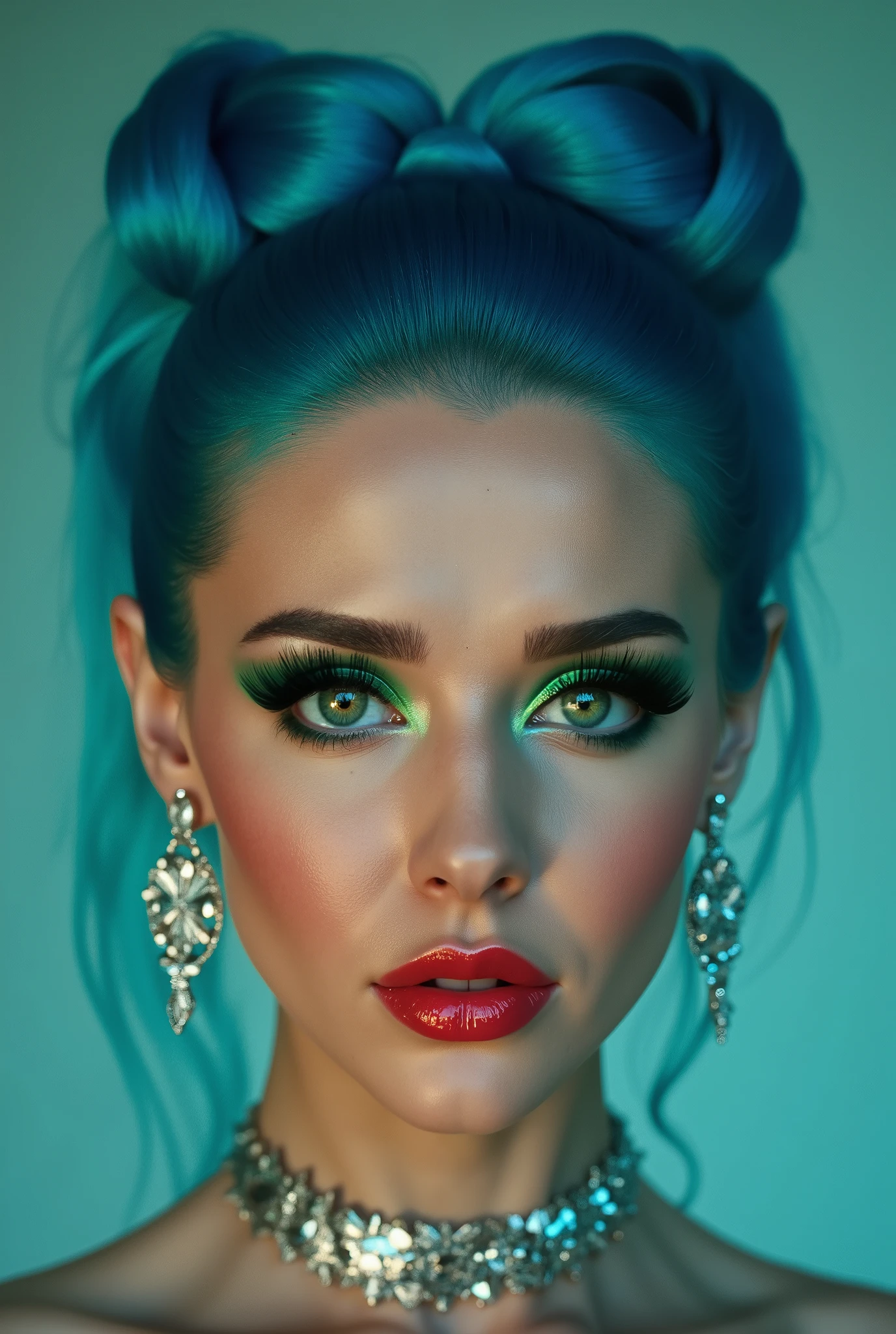 incredibly long and voluminous eyelash extensions, bright green makeup , blue hair, diamond earrings , collar, red lips, bow-shaped hair ,
