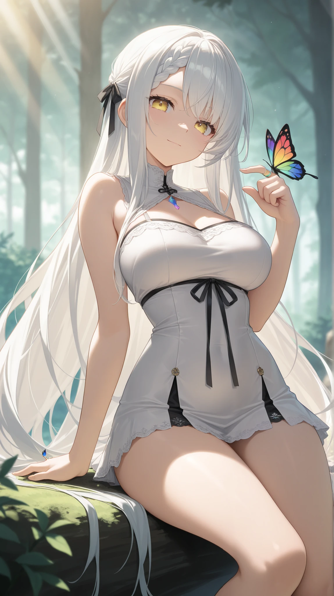 long white hair,Very long hair,White skin of the,Sexy body curves,In the meadow,butterflys,Flying birds,fresh flowers,the night,themoon,above waist,Portrait photo,white skirt