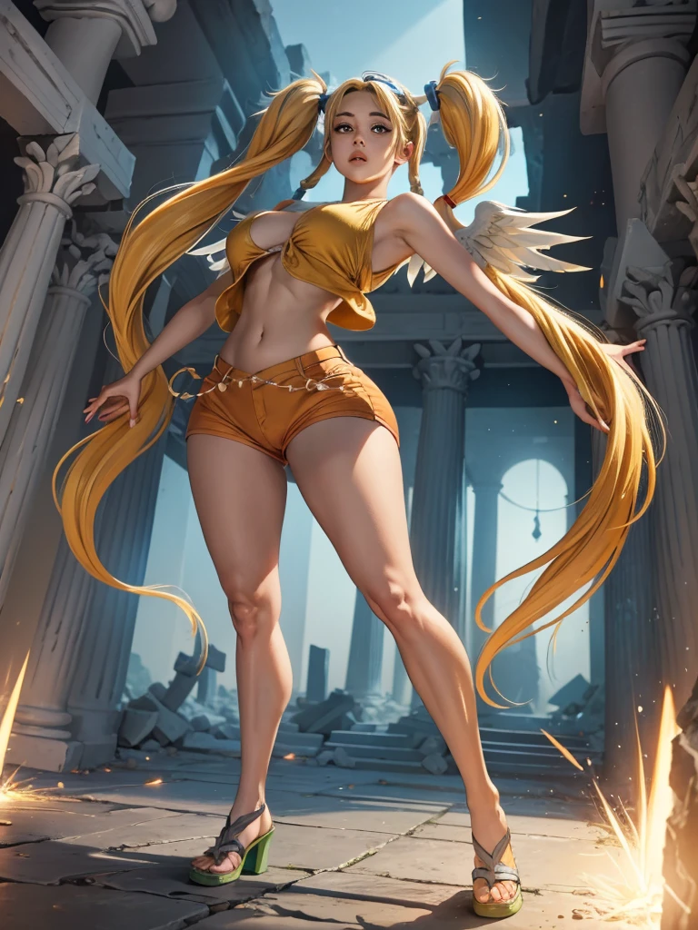 1girl, Solo, High Resolution, Blush, Accurate, Masterpiece, Long Hair, Breasts, Earrings, Pointy Ears, Wide Hips, Lean, Muscular, Smile, Yellow Eyes, Black Sclera, Fang, Out Of This World Background, White Qipao, Gold Trims, Gold Greek Headpiece, Glowing Iris, Full Body Shot