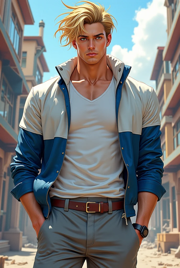 anime style, deep color palette, symmetrical composition, ultra-detailed artistic style, oil painting, full body, perfect composition, perfect anatomy, wearing small shorts, dramatic, natural lighting, a beautiful young man, handsome, tall, perfect feet, Latino, muscles Realistically detailed, body symmetry, he is wearing swimm suit walking on art deco office with large windows to see central park in new yoor  holding a sword, carrying a multicolored backpack,