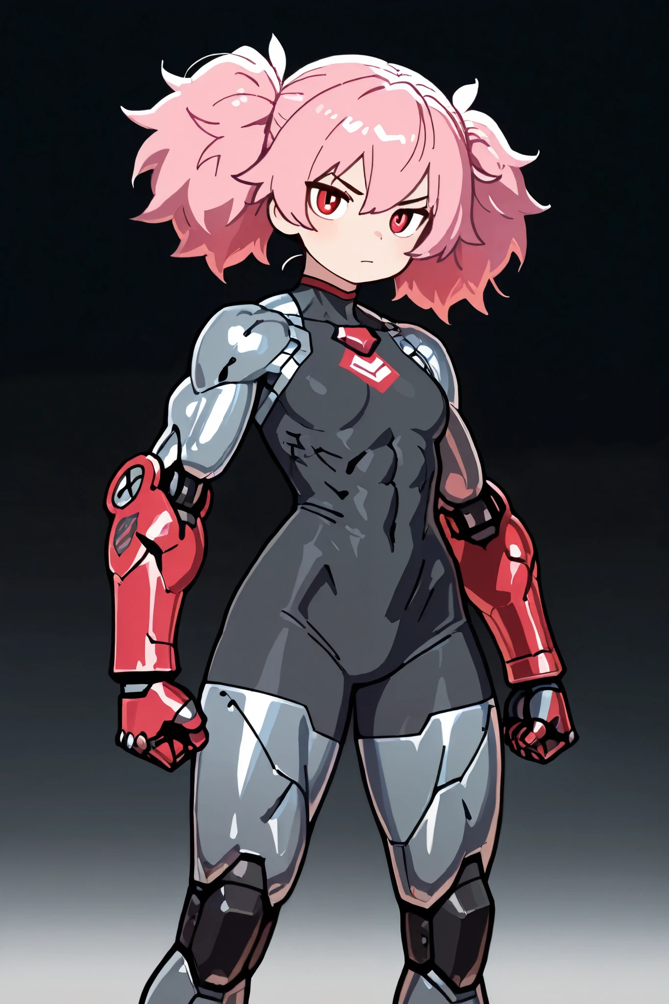 masterpiece, best quality, highest resolution, 1 girl, solo, pink hair, twintail hair, muscle arms, iron arms, iron legs, red eyes
