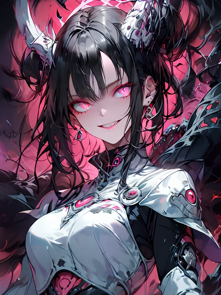 (((( masterpiece)))), (((( top quality)))), (((high definition,anatomically correct,masterpiece,top quality,4K,))),masterpiece,woman,solo,Only one person,god,huge,machine, monster,Alien,shortage々Beautiful girl, black hair,twin tails,gradation color,blue inner color,detailed faces, monsterの顔, creepy smile ,open your mouth and laugh,detailed eyes, sharp eyes,Three white eyes,Grinning eyes,are cool,chest to core, abs,belly button stick,machineの身体,armor, monsterの姿,Dosu black aura,action,battle,attack,Hellish Scene, in the background,Heaps of dead bodies,anime,