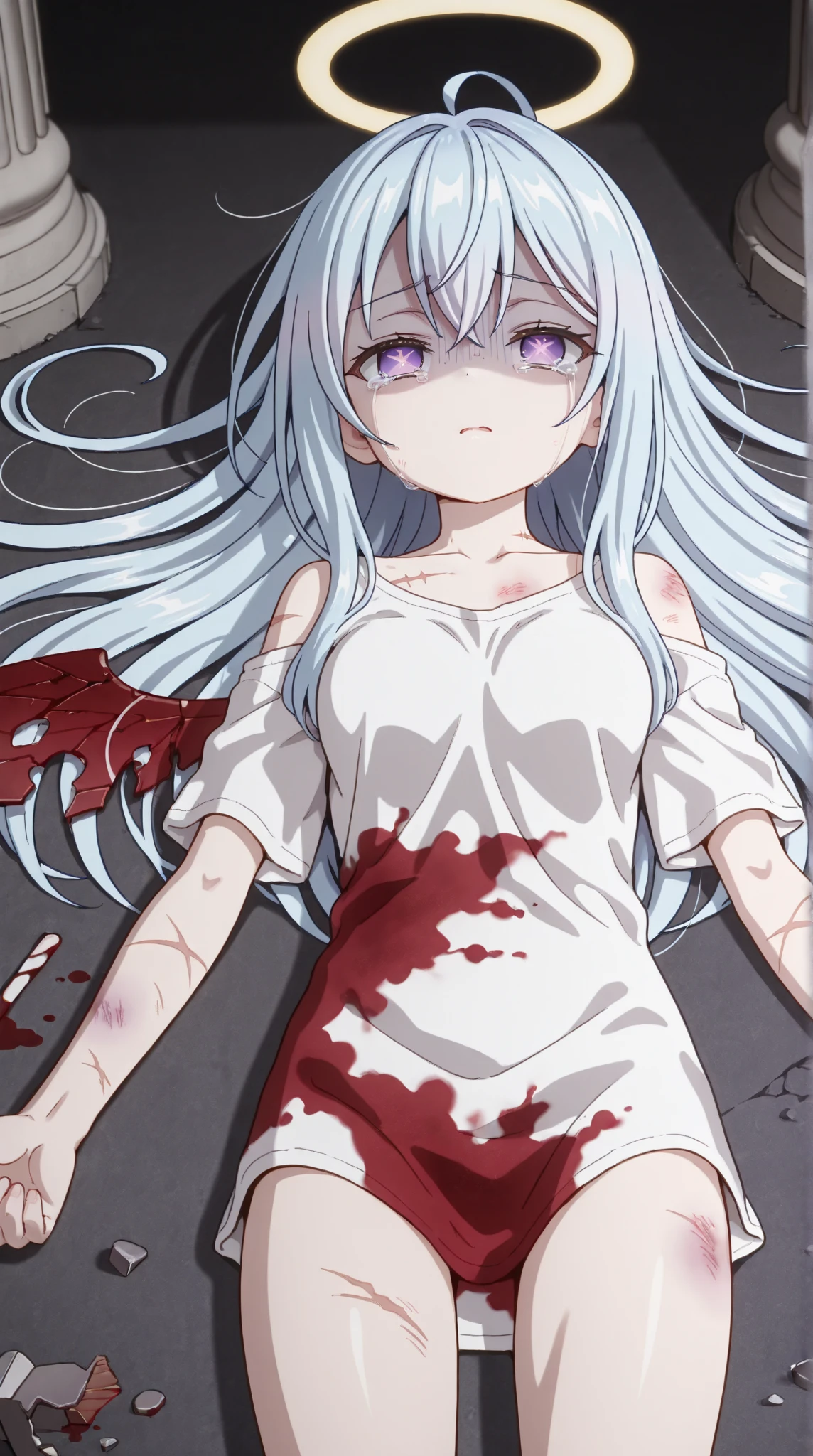 High quality anime style,Cute girl,Long blue-gray hair,belly button,Blood