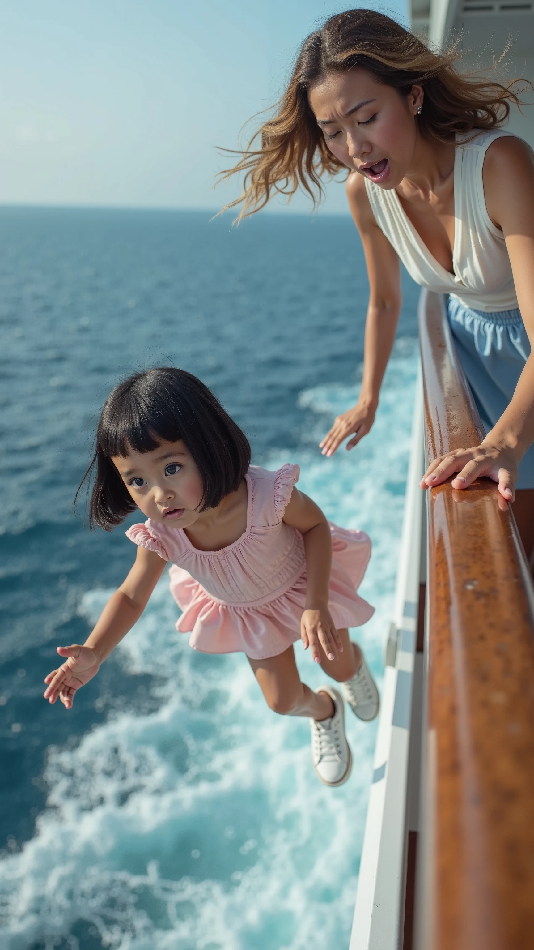 generates an image with this context: The woman, in an act of desperation, threw her baby from the dock and the baby managed to fall right on the edge of the boat, thus managing to rescue her daughter., The woman, while being beaten, watches with relief as her daughter has been rescued.