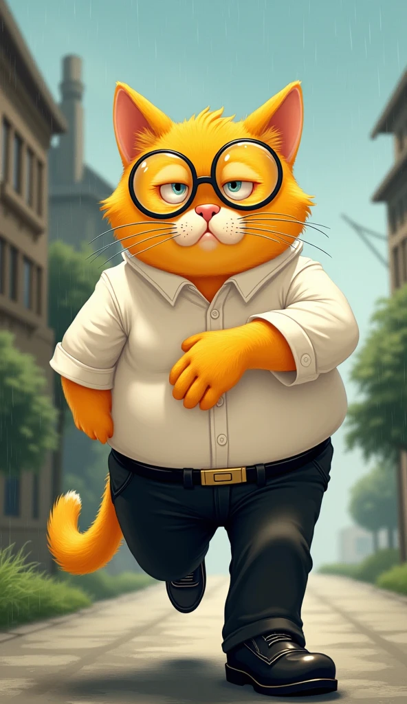 Main character overview:
• A yellow cat, a bit chubby.
• White shirt, black trousers, shiny black leather shoes.
• Large round glasses, big expressive eyes.
• A lovely and intelligent appearance (like "optimistic, humorous office worker")
Scene 1: "Running away with a stomachache... Seen in the distance"
• The cat holds its stomach, grimacing, running towards a distant building/house that is fading in the rain or sunset.
• Big eyes, furrowed eyebrows, shoes on the ground creating skid marks to emphasize the haste.
• Cartoon style: can add a streak of wind blowing behind and the familiar "speed lines".