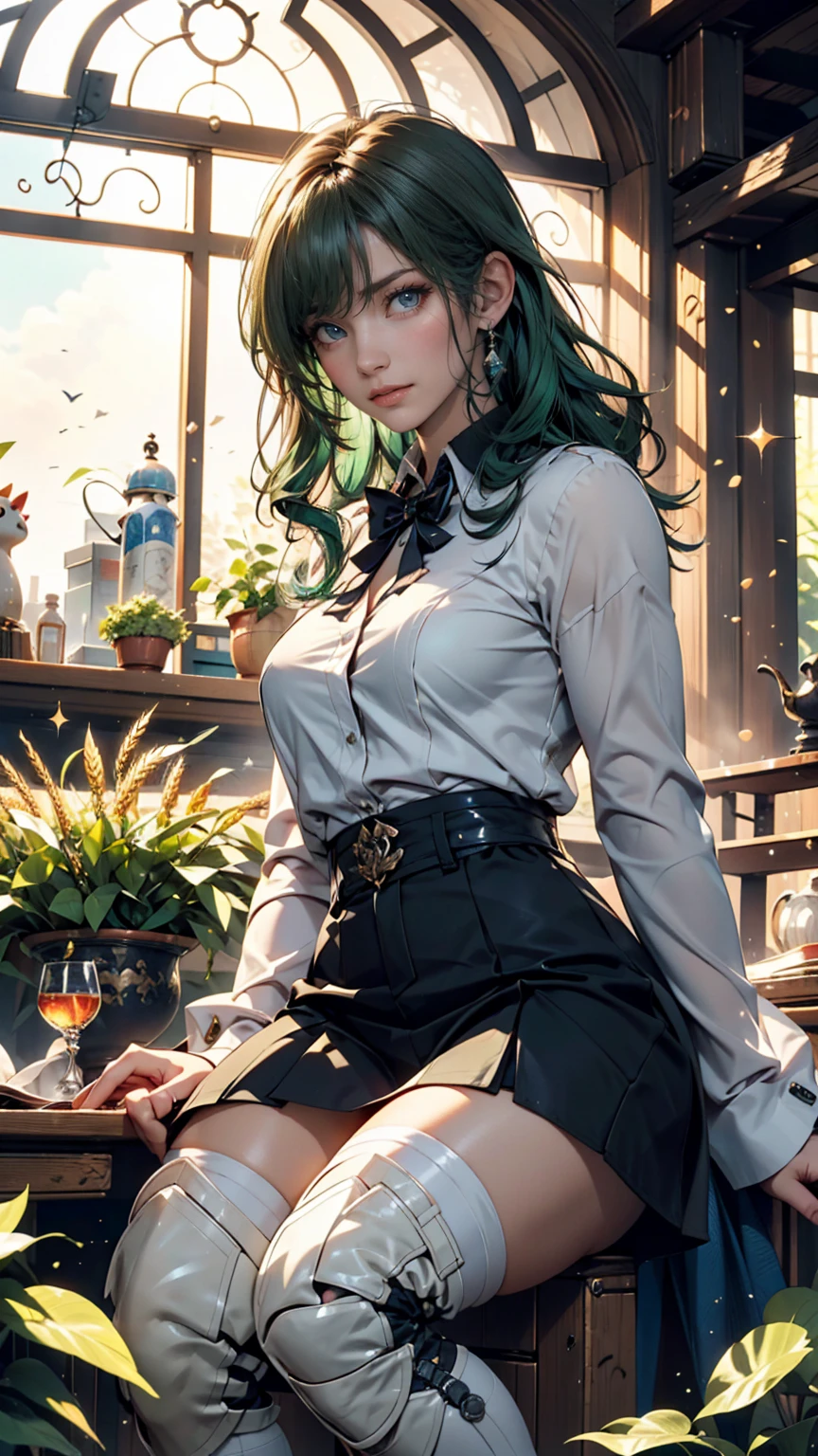 Sakuya, Magic Punk Style, Incredibly absurd, Concept Art, highest quality, Perfect lighting, figure, Vanishing Point, Sitting, View Viewer, Mature female character, One girl, (No mouth:1.3), Women&#39;s Center, Feminine, Green Hair, Dyed bangs, Sparkling eyes, wear (Fantasy style groin plate and shin guards:1.1), Wheat field, Finely drawn backgrounds, Great background