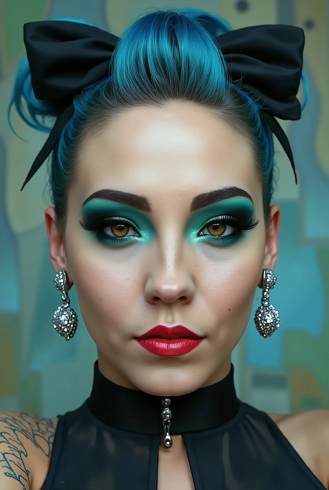 incredibly long and voluminous eyelash extensions, bright green makeup , blue hair, diamond earrings , collar, red lips, bow-shaped hair ,