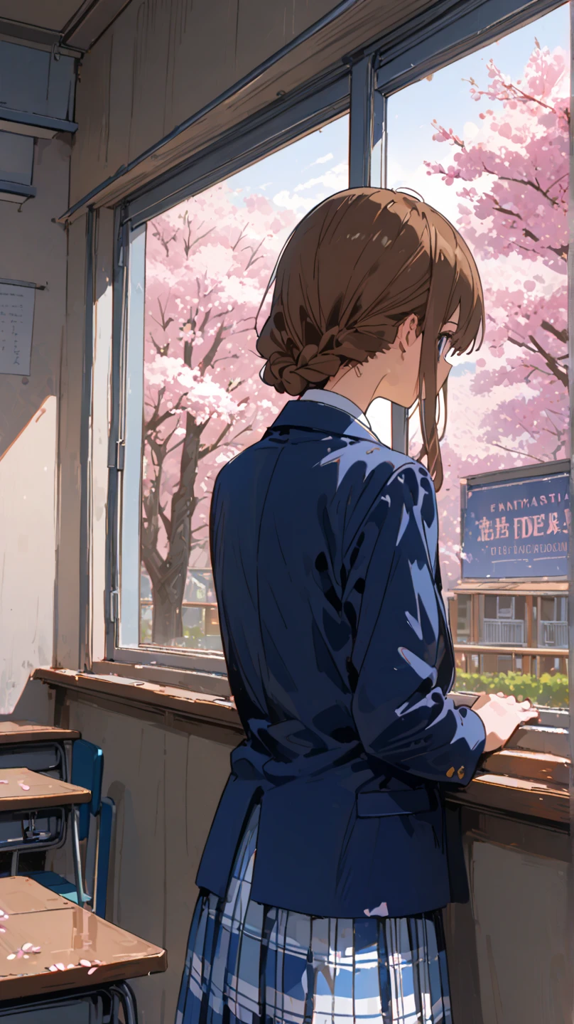 16K Brown Hair, Short Side, 18 Year Old Girl with Braided Hair, Super Delicate, Navy Blue Blazer, White Check Skirt, Background, Classroom, Cherry Blossoms Outside the Window, Fantastic Line, Graduation, Nostalgia, Transcendental, Cute, Anime Style, Oblique, Seen from the Back, Standing by the Window