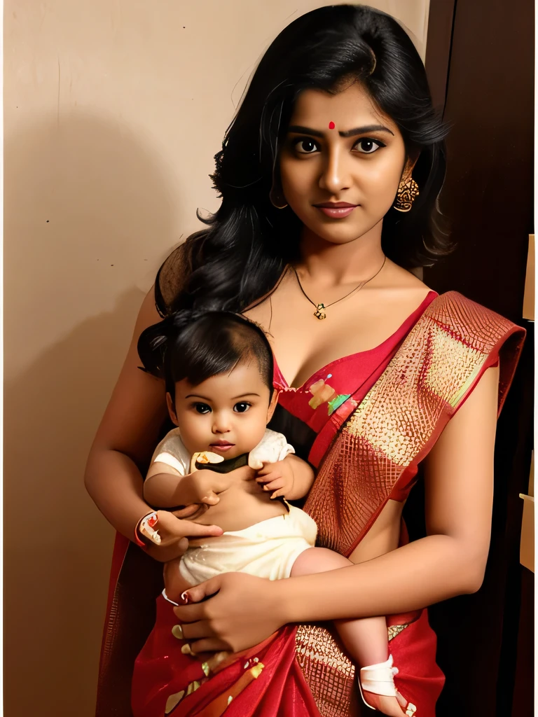 7 years cute beautiful indian sexy girl with big oobs with cute little 2 years old baby with stylish long hair with stylish colour full modern kerala style white saree with straight pic full size image