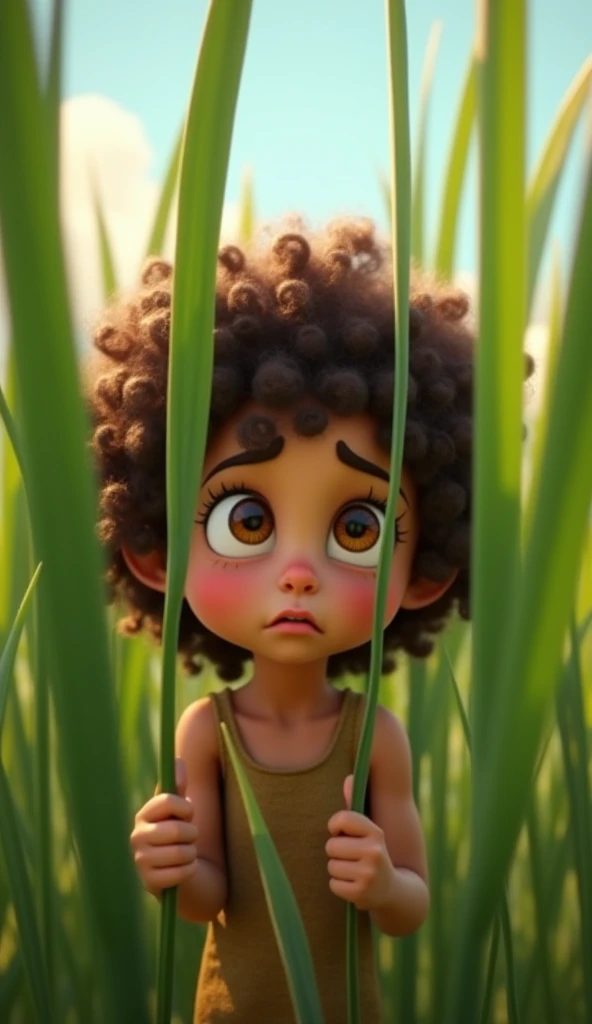 Make a picture of a boy with an oval head. It was a dark brown mixed with yellow and was hugging a nearby tree.Make a picture of a boy with an oval head. It was a black skin and was hugging a nearby tree.