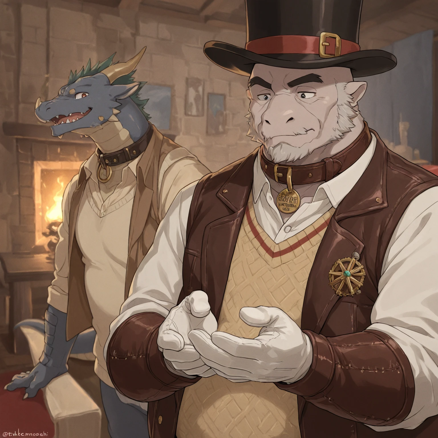 Dragon, young male/adult male, showing big flaccid white dragon penis, by bebebebebe, best quality, white balls, white body, paws, perspective, standing, naked, flat body, close view, small waist, buying clothes, in a medieval clothes shop, naked, duo
