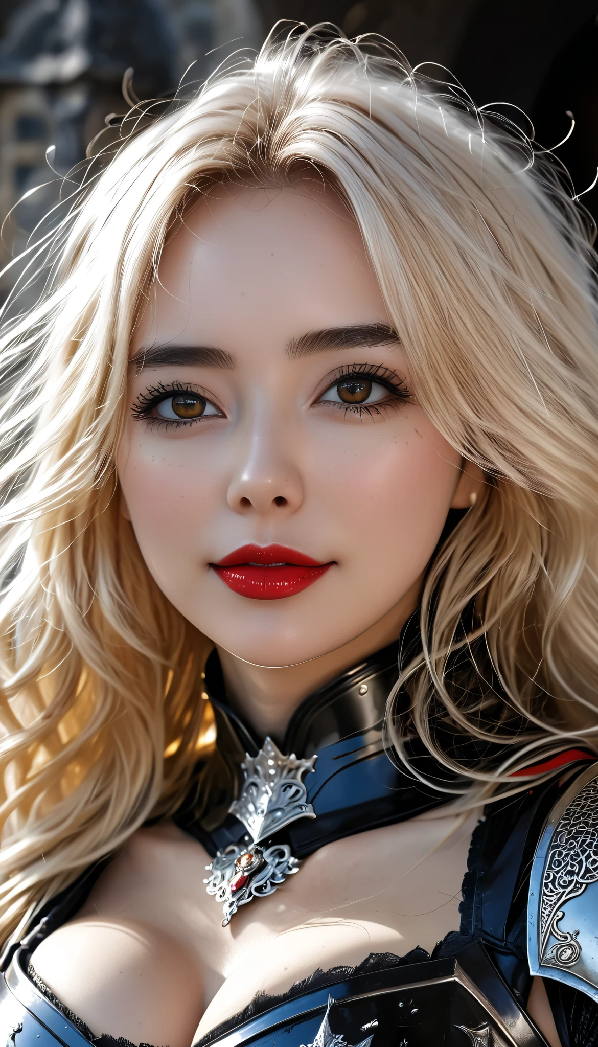 masterpiece, top quality,High-ranking knight,(女性 Black Knight _ Black Knight :1),(Jet Black Armor:1.3), (35歳の女性 Black Knight :1.3),、(((Very large and heavy breasts))) Crosseye , surreal,【(((On the battlefields of medieval Europe)))】, beautiful smile、British Women、 delicate touch 、 so that the length of the hair is above the waist Every Little Details 、 Big big bust (((非常に大きな Crosseye )))、(キレイな中年女性 Black Knight )、( length, Fluffy Blonde Hair )、Dense Skin Texture 、((()))、女性 Black Knight 、((( Crosseye )))、(((大きな Crosseye )))、Jet Black Armor、 Jet Black Long Boots 、 Jet Black Earrings 、 red lips、(((Jet Black Armorを身にまとった)))、 Jet Black Gloves 、(( delicate touch down to the last detail ))、The sword is exquisitely decorated ..........................、((The blade is crimson))、(女性 Black Knight )、(battlefield)、