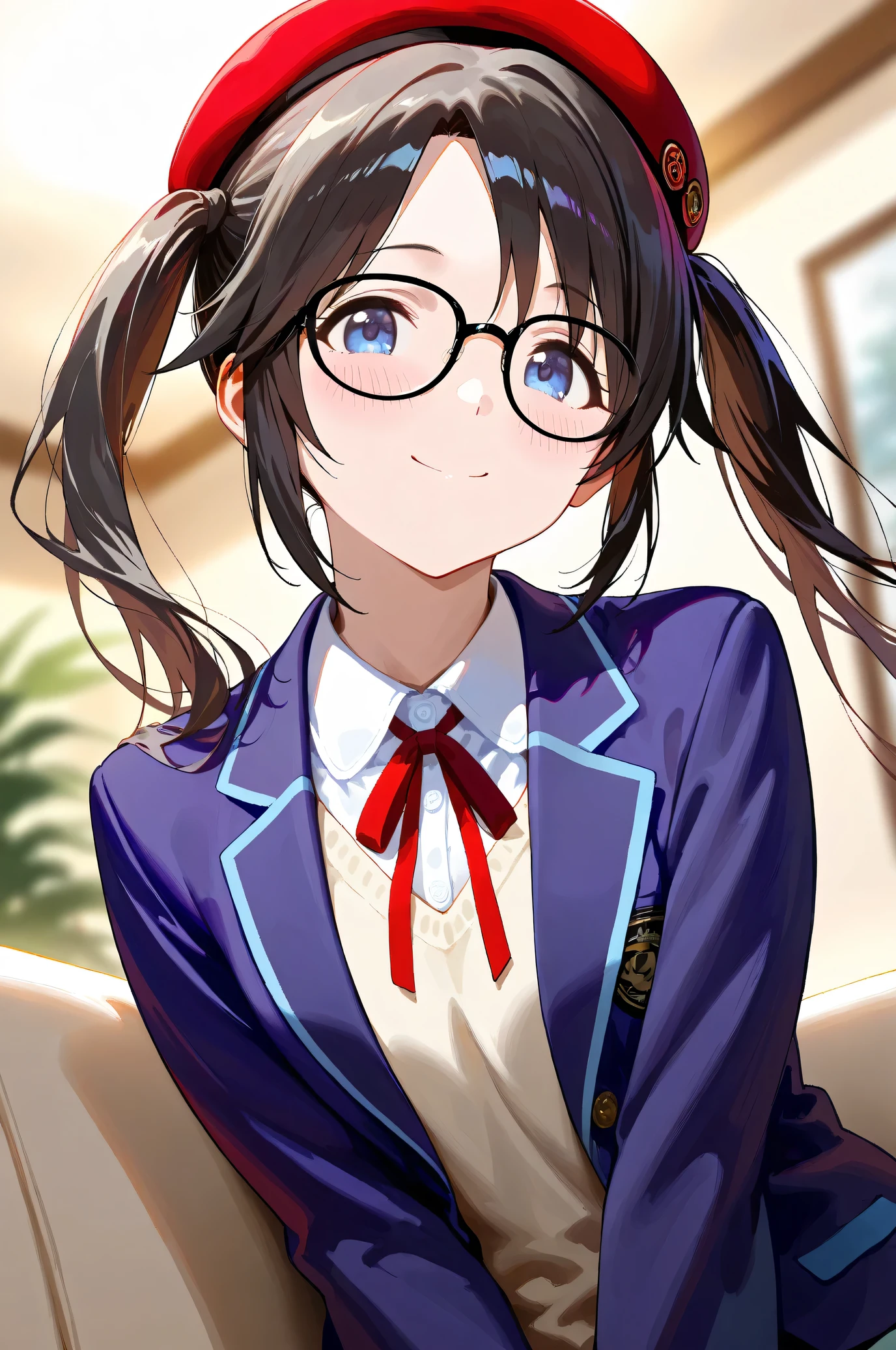 (Masterpiece), (Highest quality), (Very detailed),
(The best shape), (Best shadow), (Absurd),
(Detailed Background), (So beautiful), Shiny,
Beautiful eyes in every detail, Extraordinary, Countershading, 8k, 32K, High resolution,
Very Detailed CG, UHD,
Score_9, Score_8_up, Score_7_up, Source_anime,
(Pastel painting:1.2), (Watercolor painting:1.2),
(Masterpiece, Detailed:1.2), (Foreshortening:1.2),
Cinematic, Dramatic, (Depth of field:1.4),
(Blurry background:1.4), (Realistic background:1.4),
dynamic angle, dynamic pose, from below,
1 girl, Solo,
lndoor, Living room, Sofa, Light brown sofa, Cushion,
Mitsumine Yuika,
the idolmaster shiny colors,
yuikamitsumine, 1girl, solo, black hair, long hair, twintails, High twintails, blue eyes,
Casual wear,
Beret, Red beret, Glasses, Black framed glasses,
Blazer, Open blazer, Long sleeves blazer, (Indigo blazer:1.2),
Cardigan, Red ribbon,
(Blush:1.3),
Upper body, Portrait,
Smile, Happy, Sitting on the sofa,
Focus on face,
Realistic skin,
Shiny skin,
