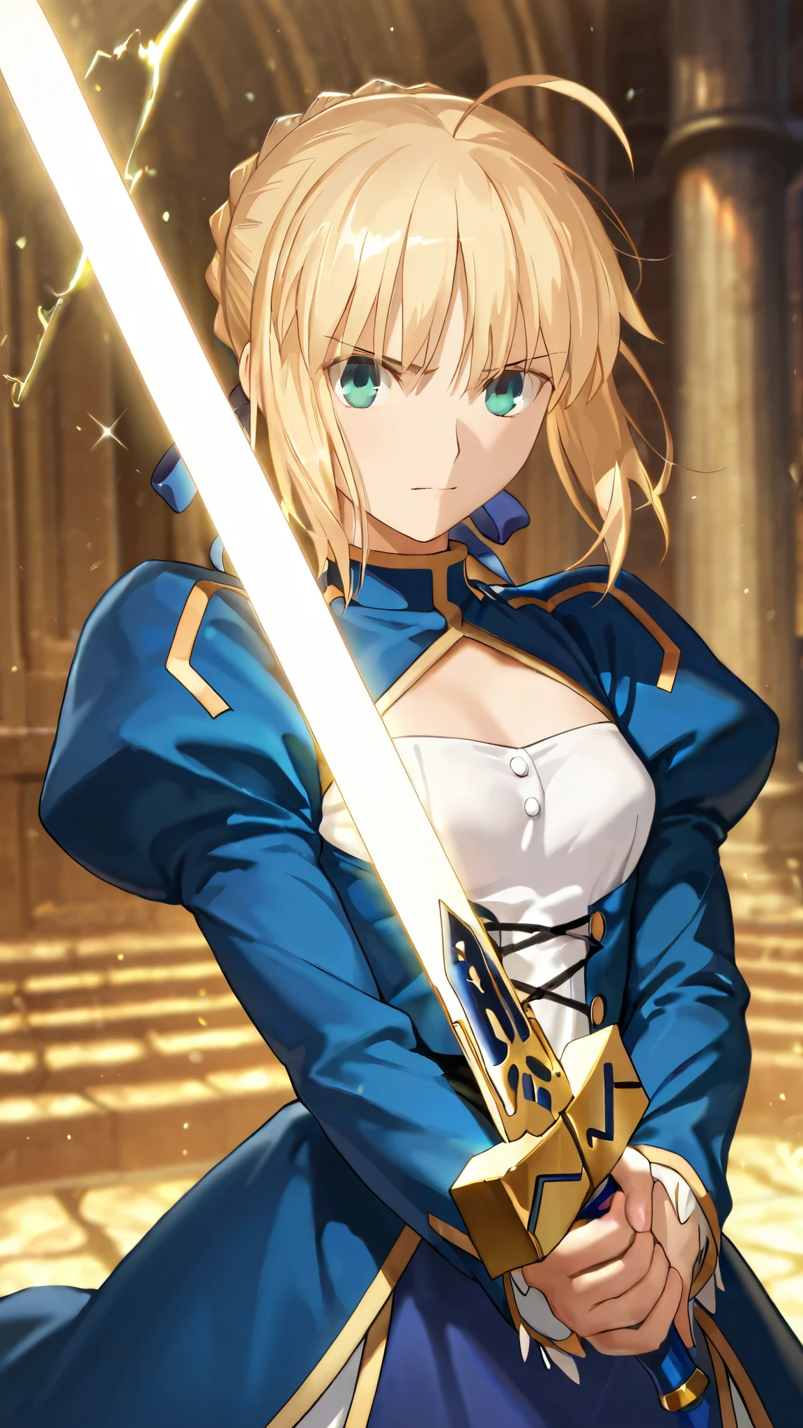 {{{masterpiece}}}, {{{best quality}}}, {{ultra-detailed}}, {illustration}, {{an extremely delicate and beautiful}} beauty,portrait, masterpiece, best quality, amazing quality, very aesthetic, high resolution, ultra-detailed, absurdres, newest, scenery, cute, {Prompt}, BREAK, depth of field, photorealistic, masterpiece, best quality, amazing quality, volumetric lighting 1girl artoria pendragon, artoria pendragon \(fate\), saber, blonde hair, green eyes, ahoge, sidelocks, , small breasts, best quality real texture skin blue dress, (white shirt:0.8), long sleeves, juliet sleeves, long dress Excalibur Weapon stance (dynamic Pose:1.2)((dynamic Pose))furrowed brow perspective sparkle Castle