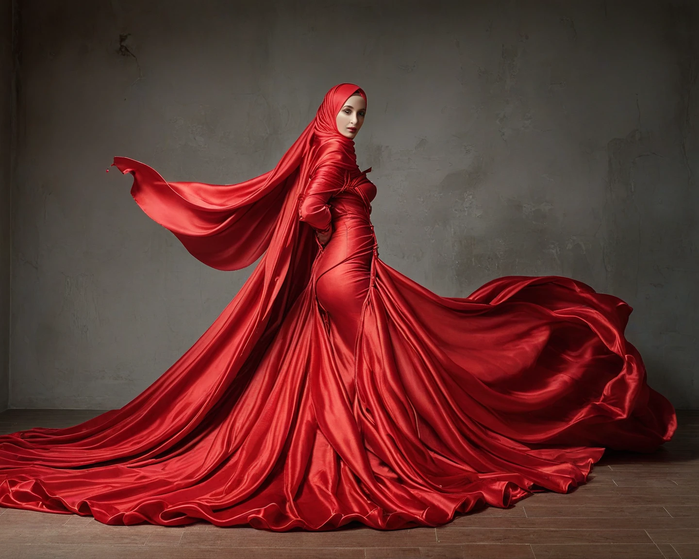 A woman shrouded in a 10-meter-long, plush red satin cloth, wear corset with exposed breasts, tightly bound and grandly draping along the form of her body, flowing off into a pooled floor-length train, styled in a mermaid-inspired outfit, her head modestly veiled in a satin hijab, tall woman, in photo studio, a full-body pose conveying a sense of elegance, captured in a 4k resolution, ultra-realistic