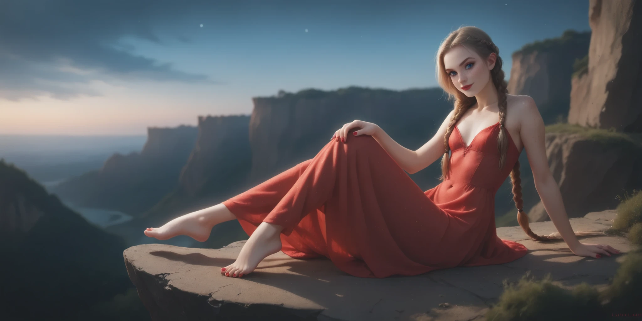a age girl, small breasts, black hair, braided hair, straight hair, very long hair, freckles, detailed ribs and small bare feet, red lips, eyeliner, perfect nails, perfect feet, blue eyes,  smile,  long red dress , closed dress, On the edge of a cliff, night, lua