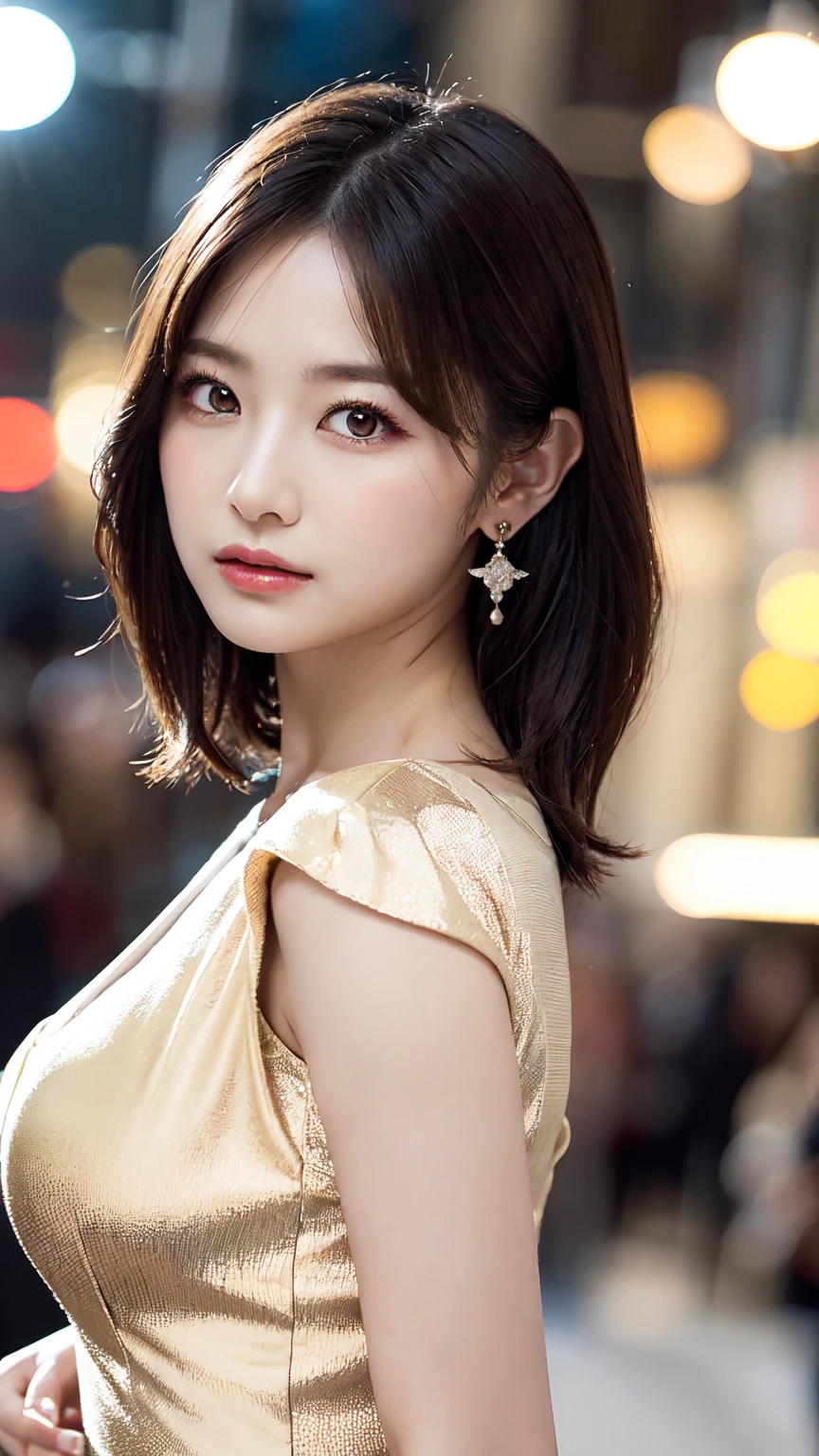1 female, Beautiful Japanese actresses, Age 25, Double Eye,mile, Detailed face, Big earrings，Large Necklace, Flashy makeup using red eyeshadow，Delicate light brown short hair，the tips of the hair are wavy，Classy hairstyle，fine grain,Slender actress, Small hips, Side Bust Barbosa),Butt crack, Bare waist, Bare back:1.3),Sexy silk embroidered mermaid dress:1.2), Fold black hair, BREAK ceremony, Red carpet, Official Art，非常に詳細な CG Unity 8K 壁紙, (masterpiece:1.0),(Highest quality:1.0), photo shoot, 8K, Browsing Caution, High resolution, Kodak Portrait 400, Film Grain, Lens flare brilliance,View Audience