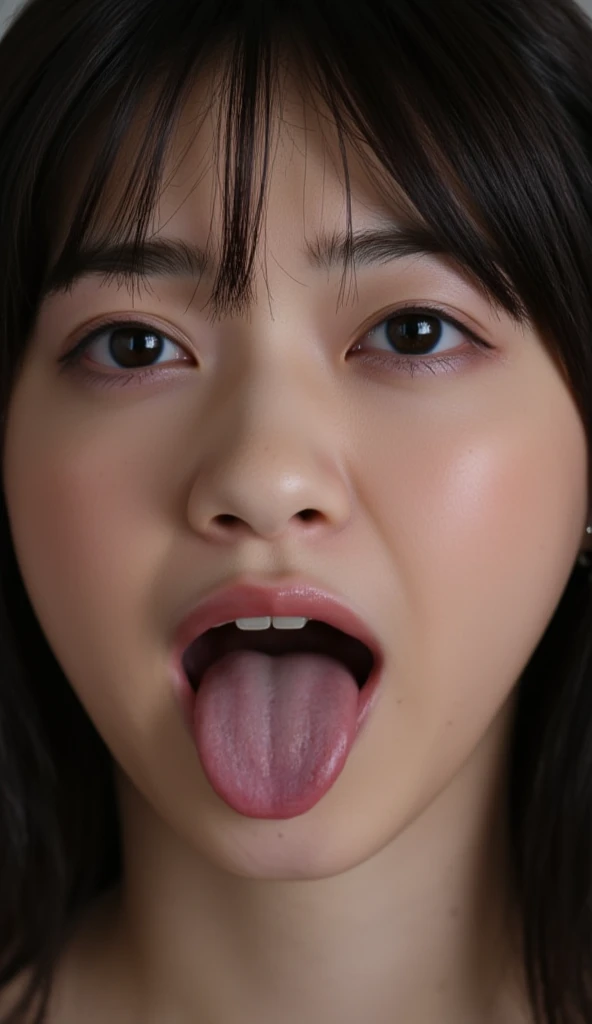 table top,,Awards - winning photos, very detailed, bring the eyes into sharp focus, nose and mouth,face focus, woman with open mouth and closed eyes, Completely naked、16 years old,black haired、symmetrical face,realistic nostrils、angle from below、elongated C-shaped nostrils,,,,NSFW,white background、((sweaty skin))、Lighting that emphasizes the skin that shines with sweat、((hook nose))Skin shiny with sweat、((shiny skin))、((wet and shiny tongue))、glamorous body,beautiful chest,((show one&#39;s side)),((CUM SHOT,))beautiful chest,