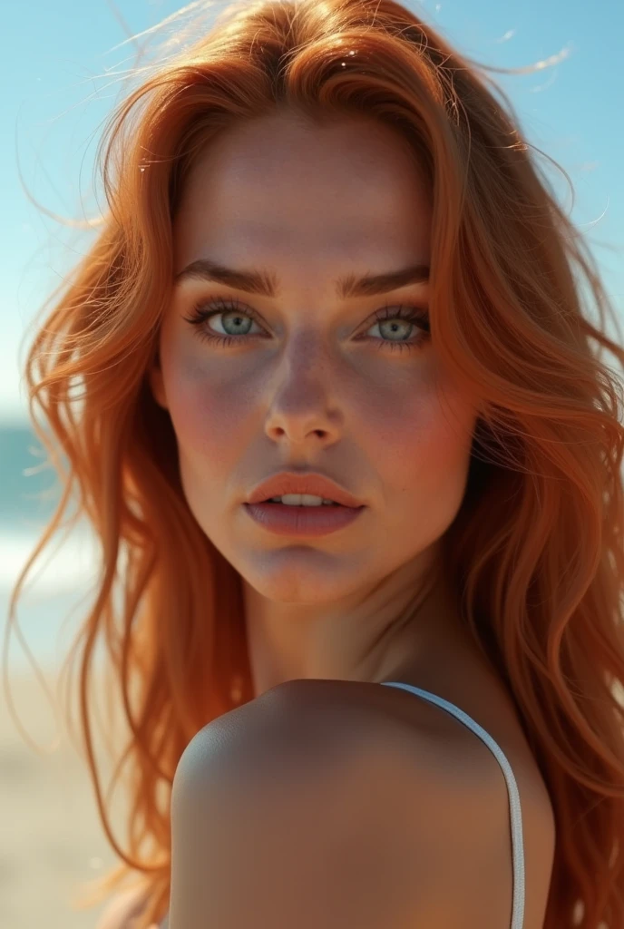 beautiful adult woman, portraite, Face, show face from the front, thirty years old , light red hair, grey-eyed, Brunetette, Messy hair, beautiful Face, busty, ocean, Surfar, realisitic, 4K, high qualiy,