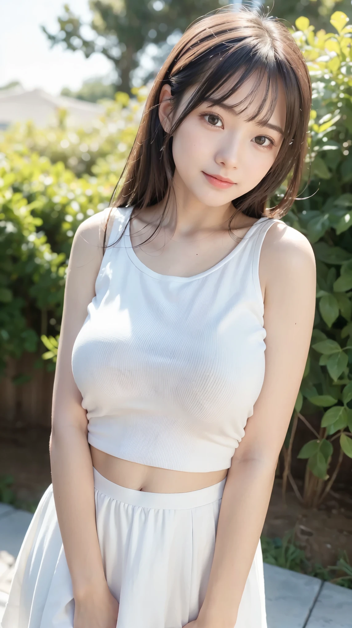 ((highest quality)), ((masterpiece)), (become familiar with), perfect face、cute、teenage girl、baby face、young、Big eyes、（erotic face:1.7）、huge breasts、Transparent material、white camisole、white pleated skirt、The inside of the skirt is visible、low rise、park bench、spread your legs、（M-shaped legs:1.5）