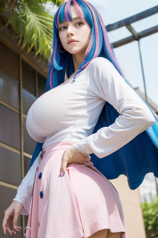 obra de arte, Melhor qualidade, ultra-detalhado, illustration, colorida, falt color, profundidade de campo, reflexo de lente, 1 garota, fim \(League of Legends\), cabelo azul, olhos azuis, cabelo gradiente, twintails, hair ornament, anime, (pilha curta), (pilha curtaBT), (fechar-se), (tronco), sentado, olhando para o espectador, escola, sala de aula, Cueca de renda, Altura baixa, umbigo, textura detalhada da pele, lindo rosto detalhado, Sorriso, sedutor, traje atraente, clavicle, (seios gigantescos, saggy breasts, seios enormes, curved, Voluptuoso, curved), (hands on hips), deslizamento, visible areolas