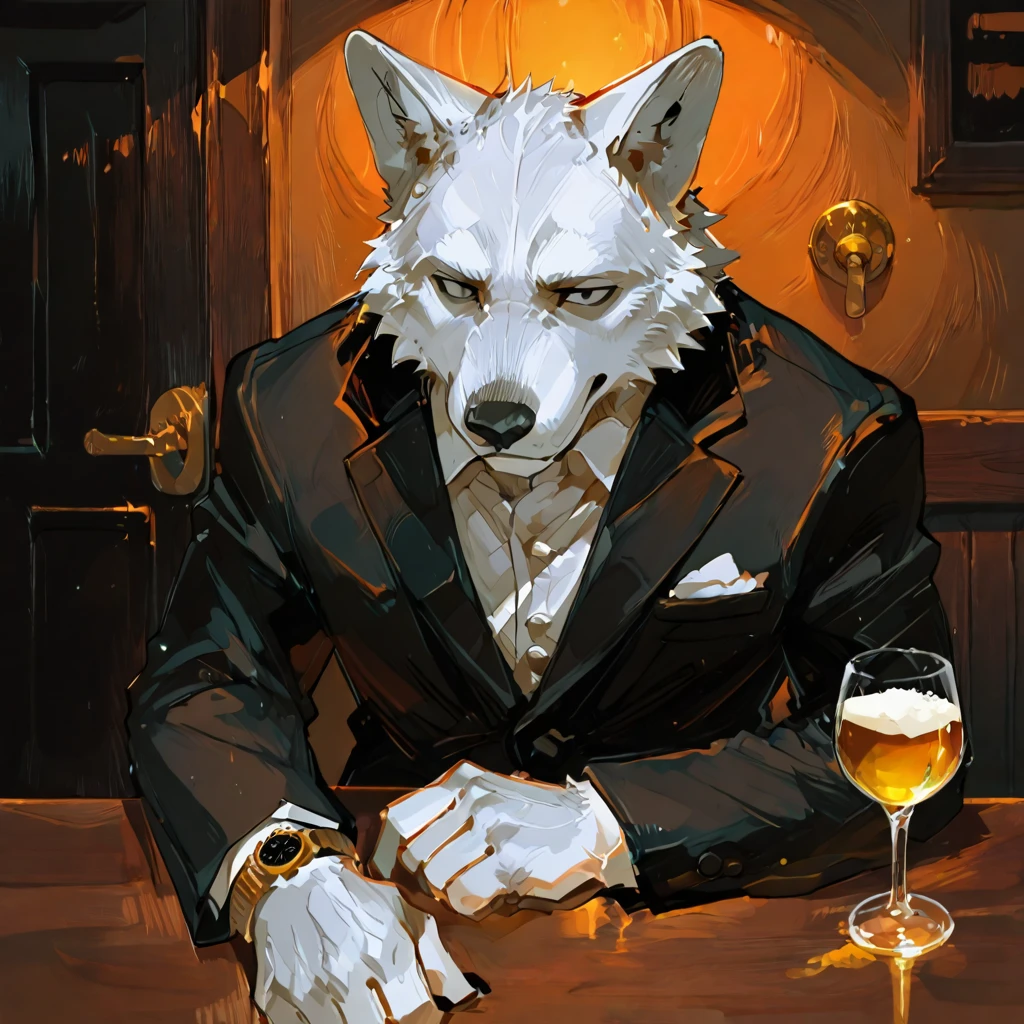 (best quality, masterpiece, hyper realism), ultra realistic upper body photo, 1 anthropomorphic wolf, in really elegant suit (ultra high textures) drinking a glass of whiskey, award winning photography, werewolf in a city, ultra high details, dim light, dawn, bokeh background,