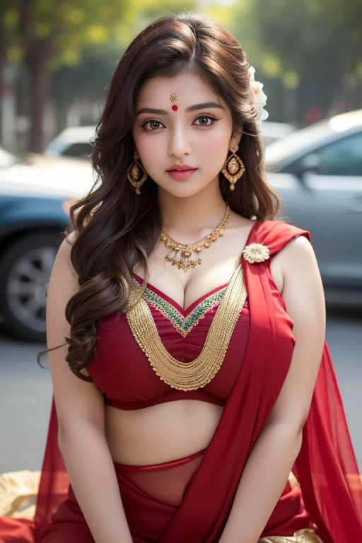 A breathtakingly beautiful and very young village girl, exuding an aura of innocence and charm. She is dressed in a traditional south Indian silk blouse, which is elegantly draped over a petticoat, and a half saree that accentuates her figure. Her long, shiny brown hair is brushed into intricate twin braids, adorned with colorful flowers that seem to dance in the breeze. Against this backdrop of lush green agricultural fields, the girl's flawless skin glows, making her appear even more radiant. The insane level of detail in this ultra-high definition, high dynamic range image captures every fleck of dirt on her skin and every strand of hair, as well as the vibrant colors of the flowers and the intricate patterns of her attire.
