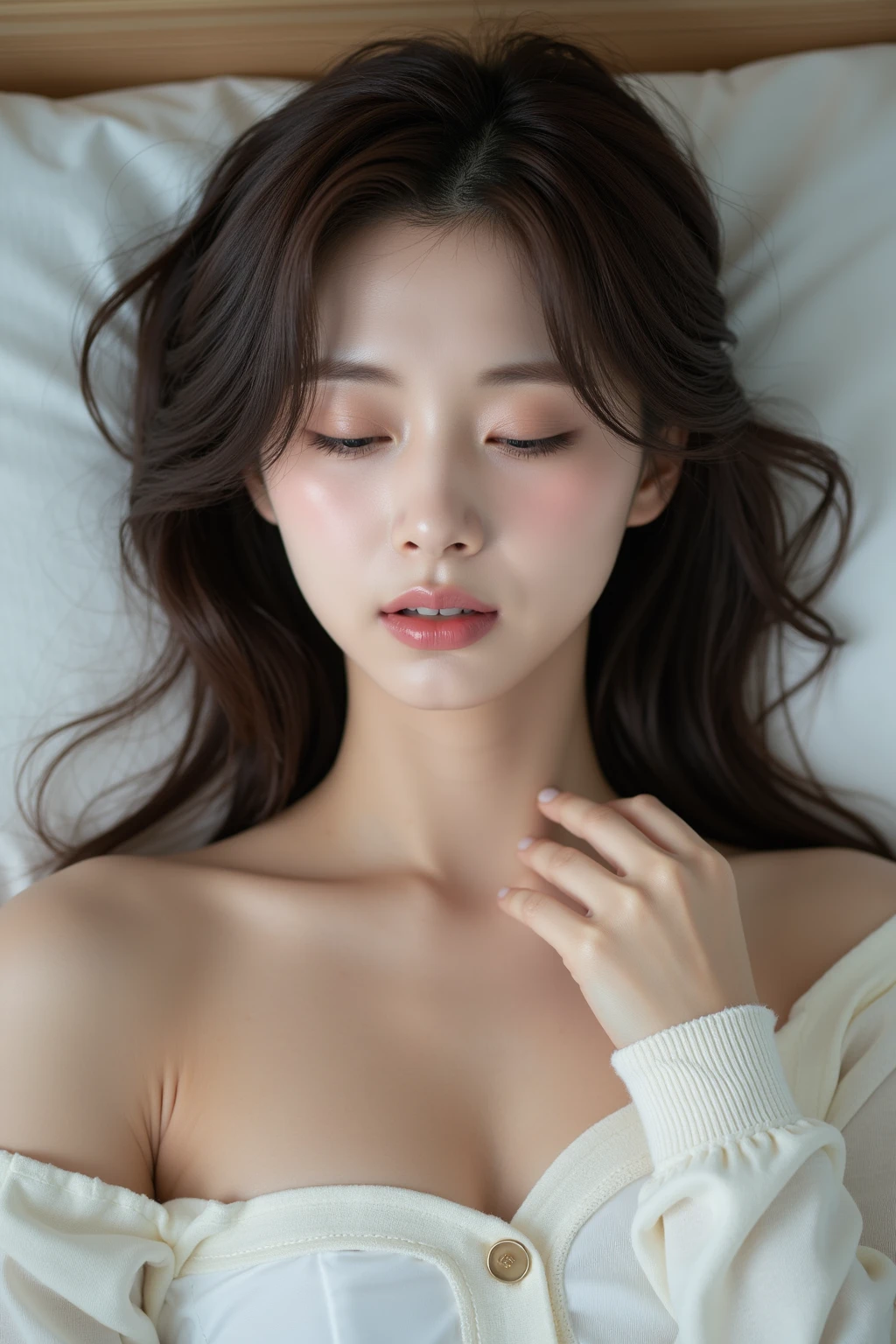 (Bed, highest quality:1.2), 8K, official art,on the bed、lie on your back、chest、Elbows on the sides of the face、simultaneous、simultaneous、simultaneous、Feels good、両close your eyes、wrinkles between eyebrows、unfortunate、tears、 cute face、Full body Esbian、、look up、skinny、14 years old、small breasts、close your eyes、深いsorrow、sorrow、look up at the sky、open your mouth、shout、 incredibly ridiculous、bob hair