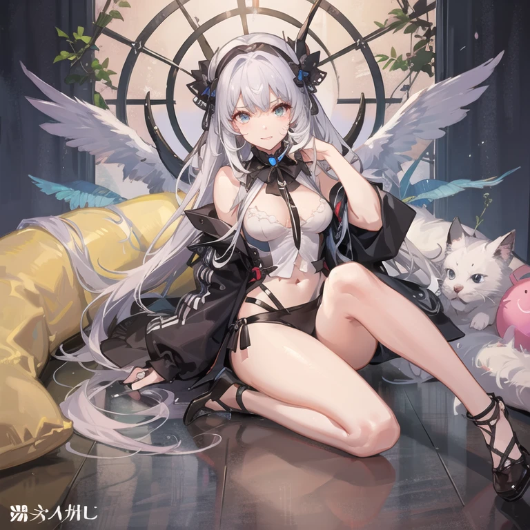 (Masterpiece), (Best quality), full bodyesbian,Simple background,Sitting, 1girll,Shiny hair,White hair,, White cloak, ((See-through)),navel,Light smile, , full_Moon,detective theme,((black sock)), ((crow)),Chains,废墟, 1 gir, in flower,black_Bikini,1girl in flower ,navel,cat ear, Long hair