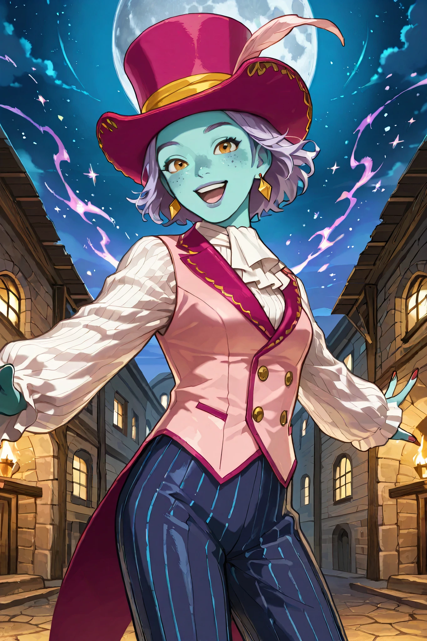 triton, solo, female, turquoise skin, lavender colored hair, freckles, (wearing a large pink silk top hat), gold eyes, glossy lips (wearing a pink vest), [[a ruffled colonial white shirt underneath the pink vest]], red colonial era cravat with embeded gem,  top hat fit snuggly, ((wearing violet colonial era pinstripe pants)), magicians attire, red painted fingernails, earrings, beautiful body, dazzling, graceful, smiling, joyous, open mouth, ((performing in a village square near the coast, both arms outstretched)), night scene,  colonial style buildings, full moon in sky, [[caviler era clothing, pirate era clothing]], multicolored sparks and smoke, dungeons and dragons, fantasy art, close up