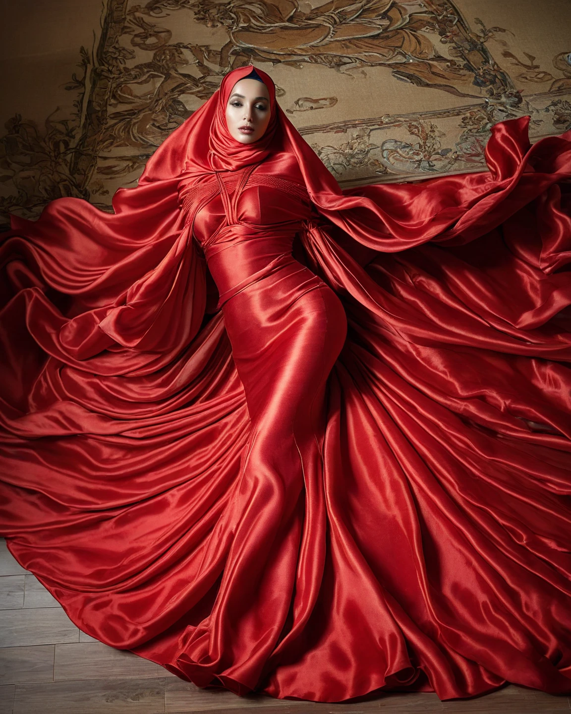 a sexy a woman covered in large red satin cloth, tied tightly with the satin cloth, mummified, the satin hanging down very long, a mermaid style dress, wearing a satin hijab, the satin cloth is very long, forming the curve of the body, flowy satin about 4 meter,full body,masterpice, 4k resolution, ultra-realistic, highly detail.