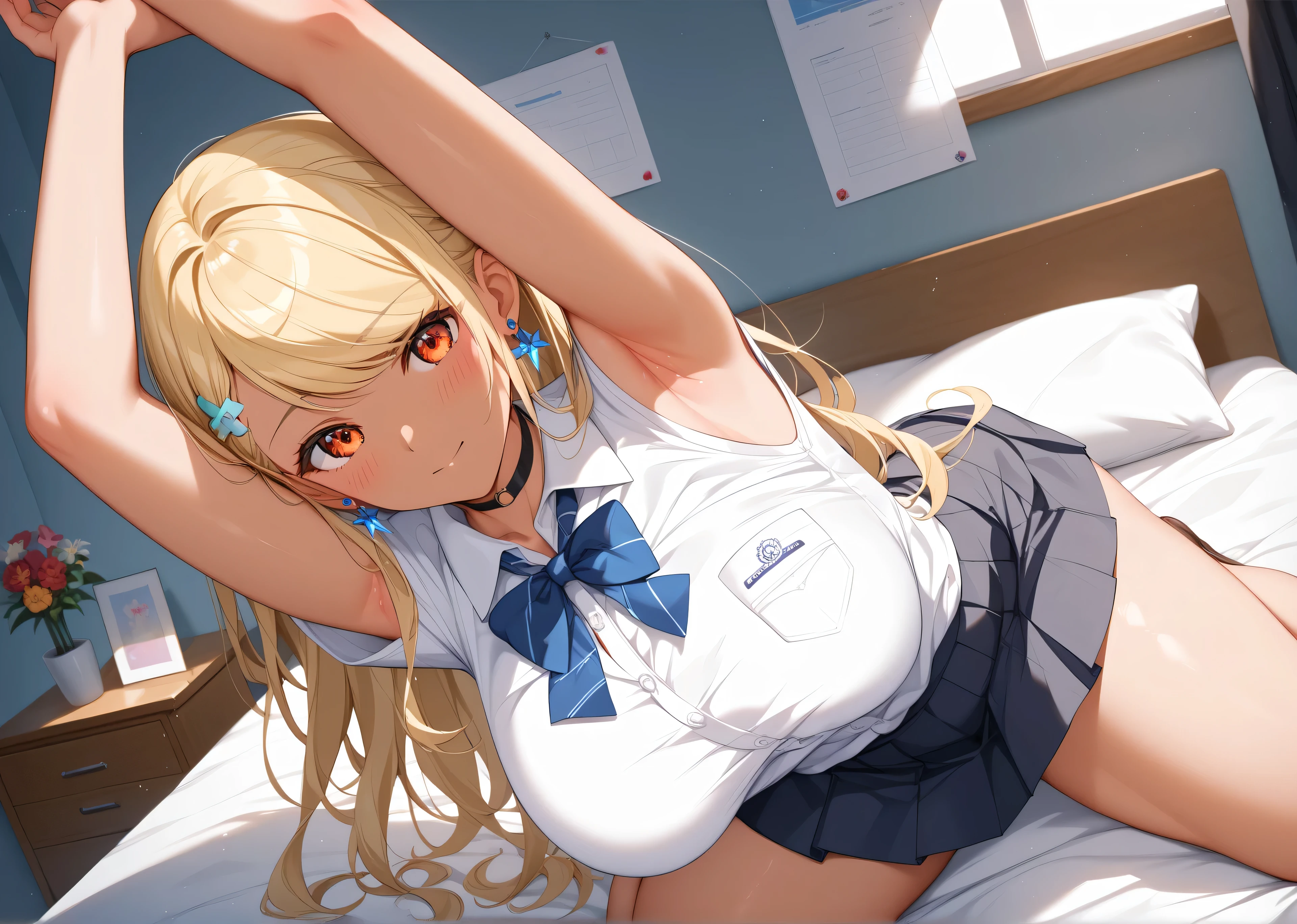 master piece、Best Quality,Super detailed,High resolution,Extremely detailed CG,Unity 8K Wallpaper,weat,score_9, score_8_up, score_7_up, score_6_up, score_5_up, score_4_up, source_anime,QpiOriginal, orange eyes, dark skin, blonde hair, long hair, swept bangs, flower hairclip, blue earrings, black choker,school uniform,professional quality、big hip、medium breasts,nsfw,bed room,nsfw,Romanticism、thick thighs,wide hips,NSFW,armpit focus,big butt,Official Art,mature female,perky breasts,arms behind back,arm support,embarrassed,cleft of venus,athletic female