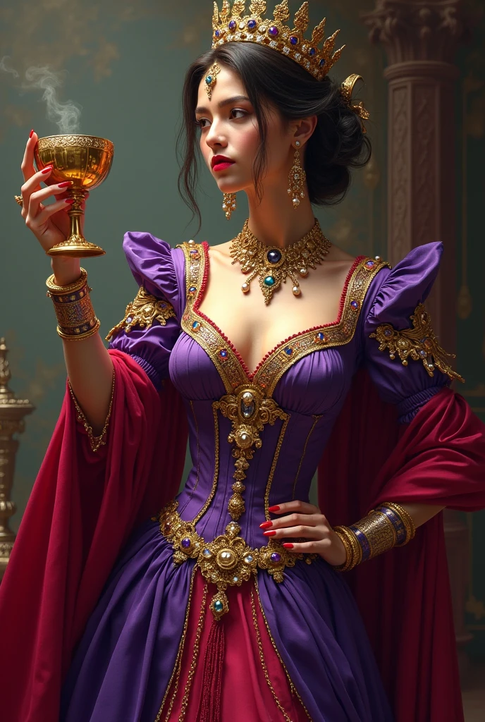 woman dressed in purple and scarlet, and adorned with gold, and precious stones and pearls; and he had in his hand a golden cup full of abominations of uncleanness