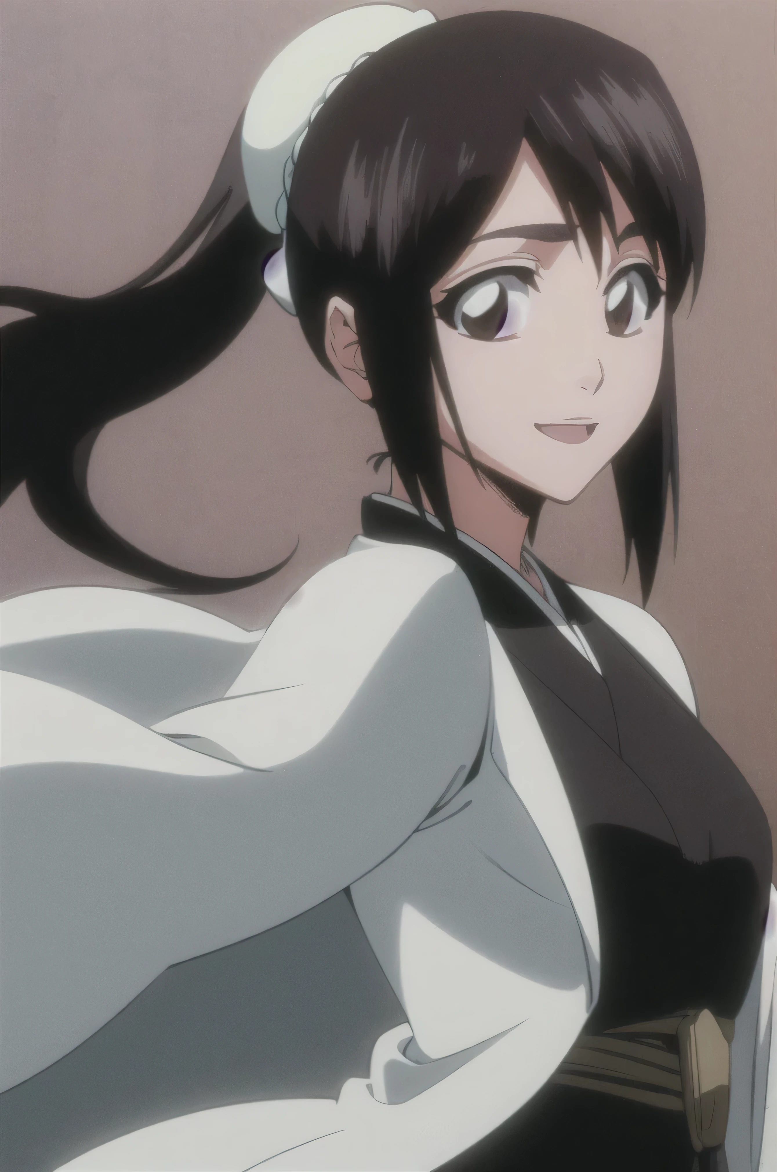 masterpiece, top quality ,
1 girl from the side , romantic love , black hair, single , ponytail, Vancouver, brown eyes,
Hair bangs,
kimono, white sleeveless coat ,Captain's coat without white sleeves, black kimono ,
smile, alone, I'm looking for , simple background ,