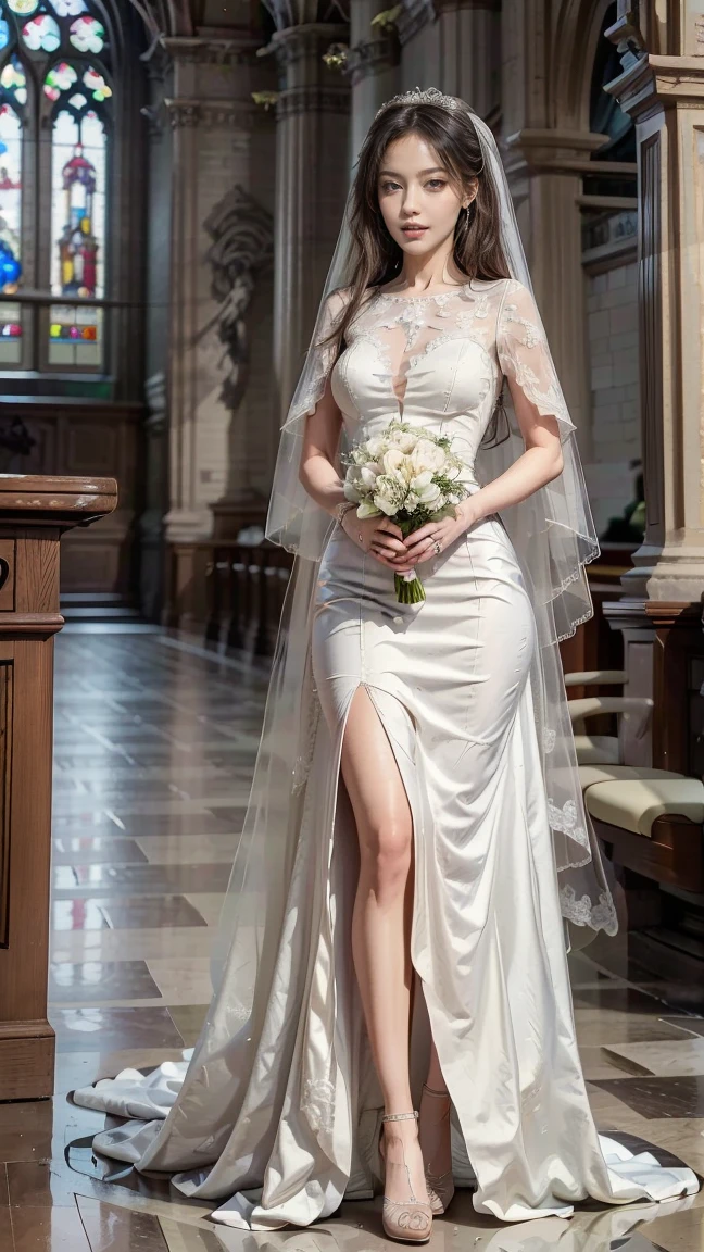 a beautiful goddess wearing a thin bridal gown with light pink lace, a deep lace wedding dress with a deep slit, a chinese dress, a phoenix patterned ancient costume, white skin, a flawless white and pink face spot, neatly tied hair, pretty bow, hairpin, crown and a thin red lace head scarf worn on the bride's head, hip-length black hair, beautiful and sharp red eyes, small lips red, light smile, jewelry neck, earrings, white and even teeth, high nose, big round breasts, long legs, thin black mesh socks, (beautiful bridal style), full body most realistic, highest quality, best pixels, super 8k, (night beach), surreal and detailed images, 8k quality (background details): 1.8), panorama, background focus,