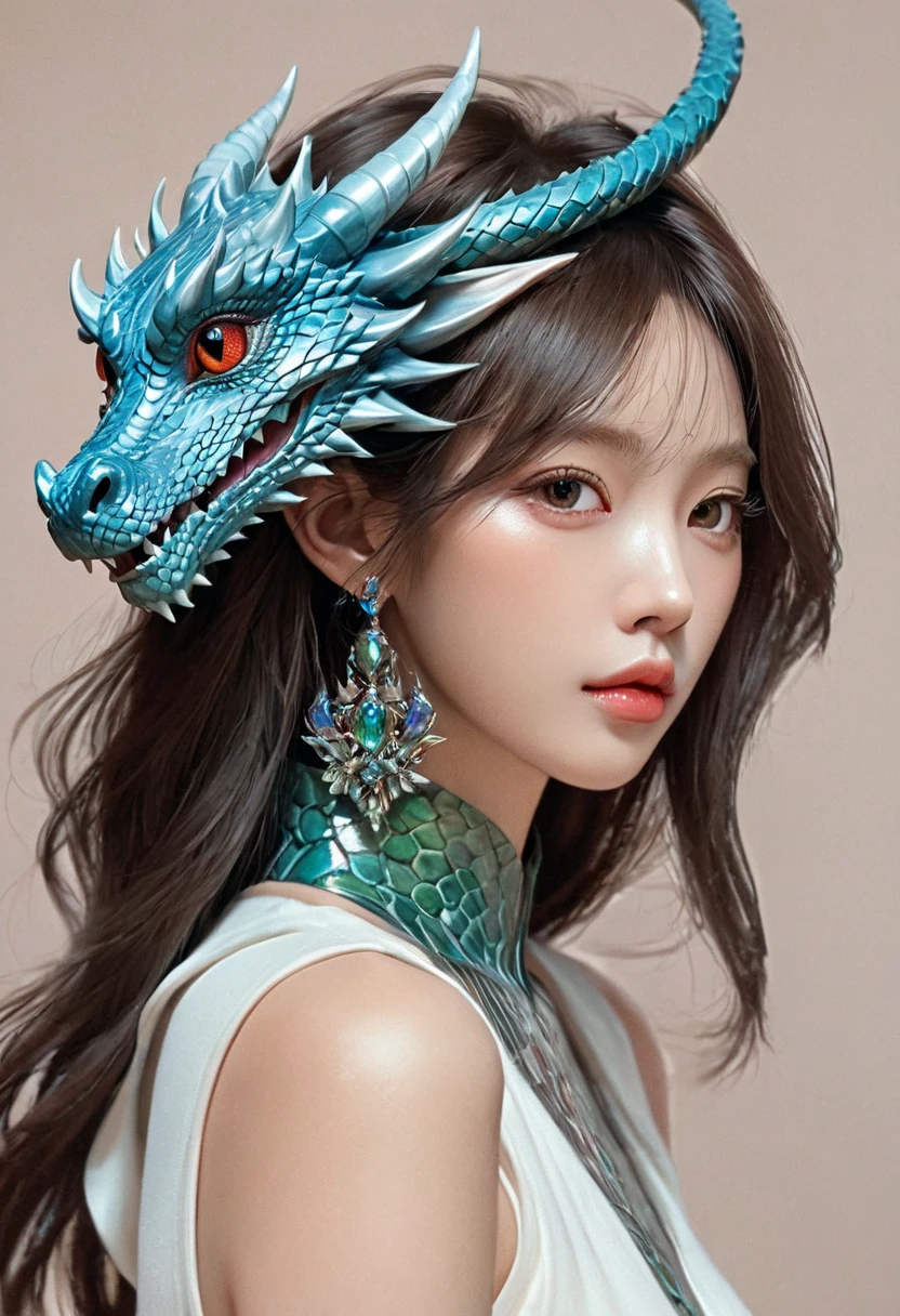 Brown hair girl and blue and white dragon